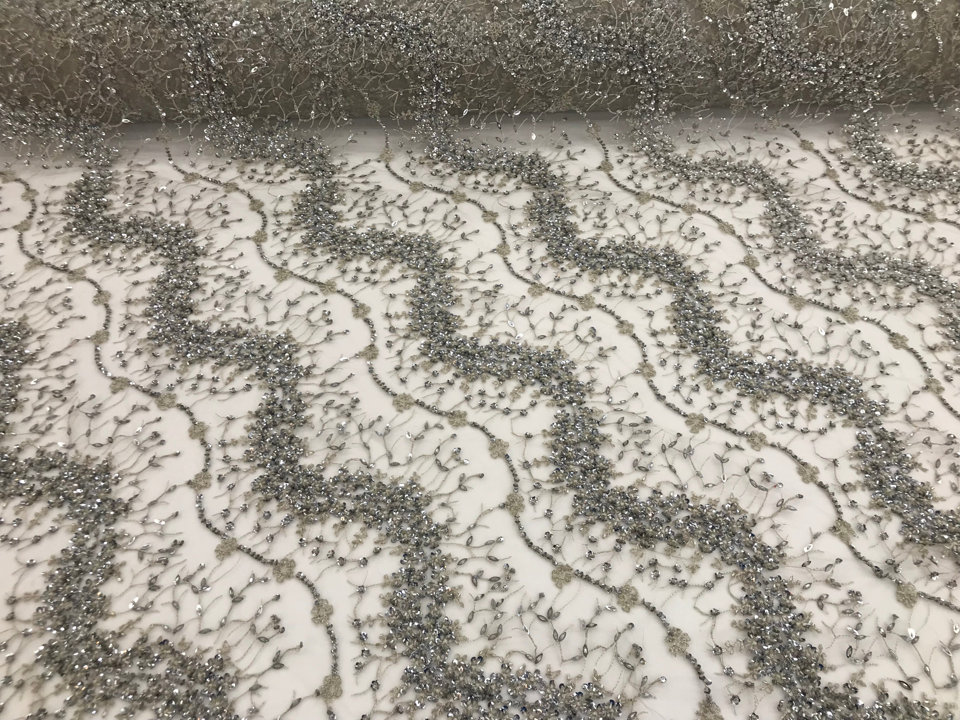 Silver - Beaded Embroidery Wavy Flower Pattern Fabric Lace Elegant Dress Fabric By The Yard