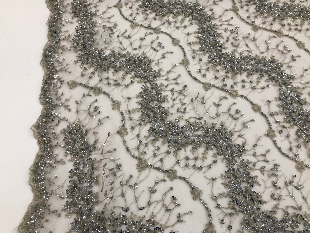 Silver - Beaded Embroidery Wavy Flower Pattern Fabric Lace Elegant Dress Fabric By The Yard