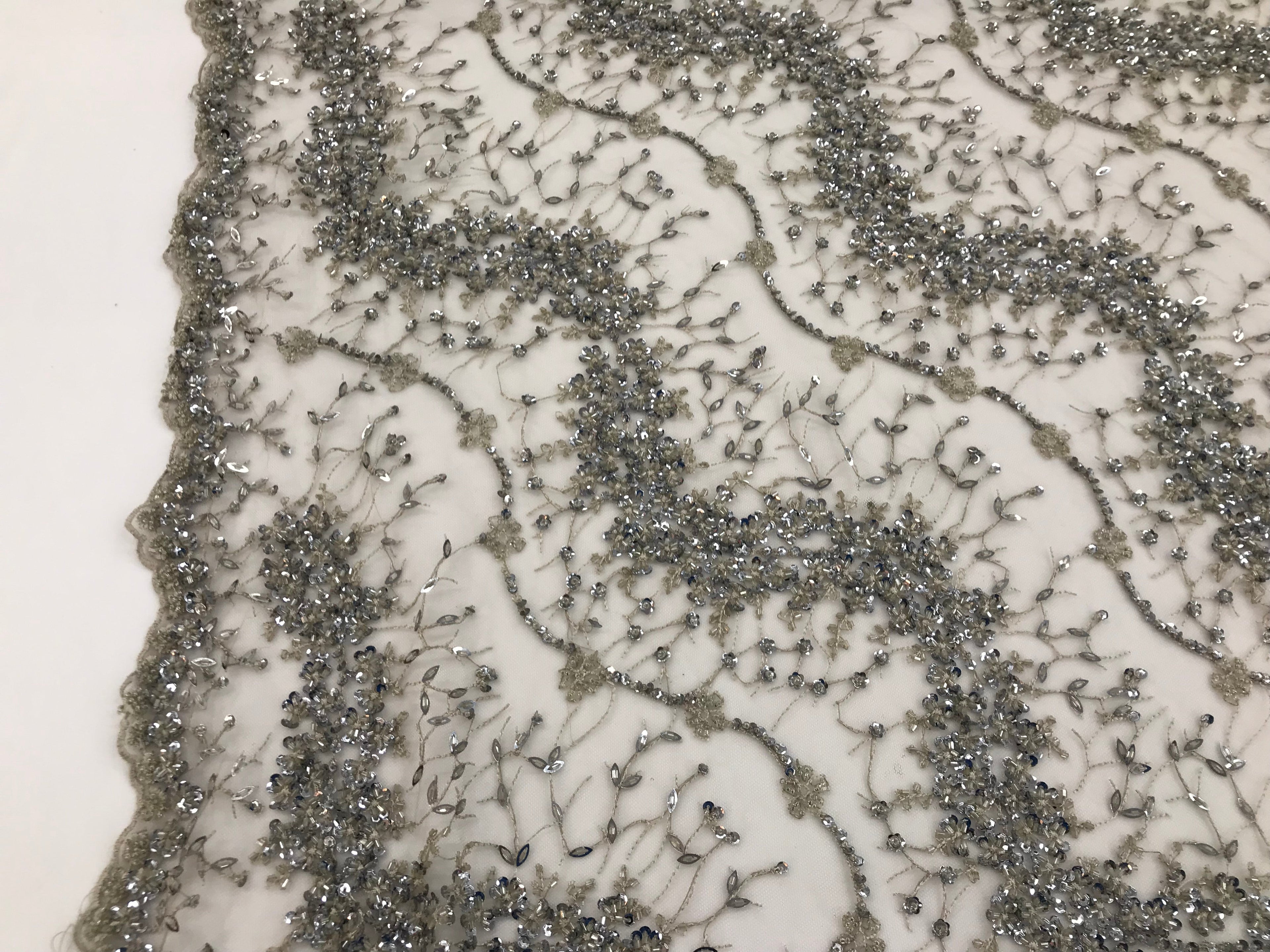 Silver - Beaded Embroidery Wavy Flower Pattern Fabric Lace Elegant Dress Fabric By The Yard