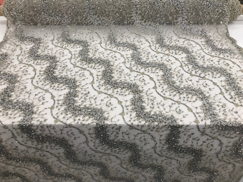 Silver - Beaded Embroidery Wavy Flower Pattern Fabric Lace Elegant Dress Fabric By The Yard
