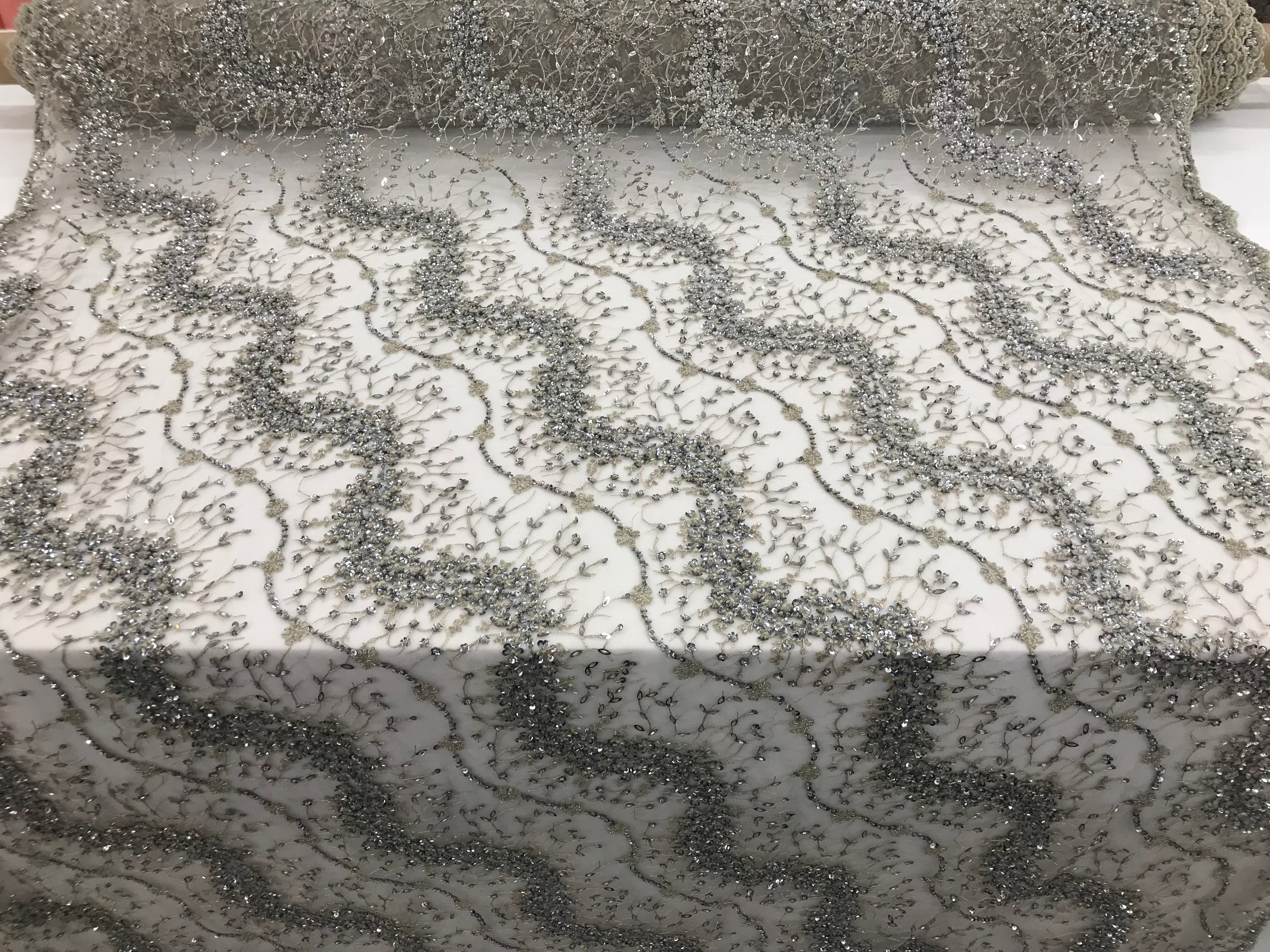 Silver - Beaded Embroidery Wavy Flower Pattern Fabric Lace Elegant Dress Fabric By The Yard