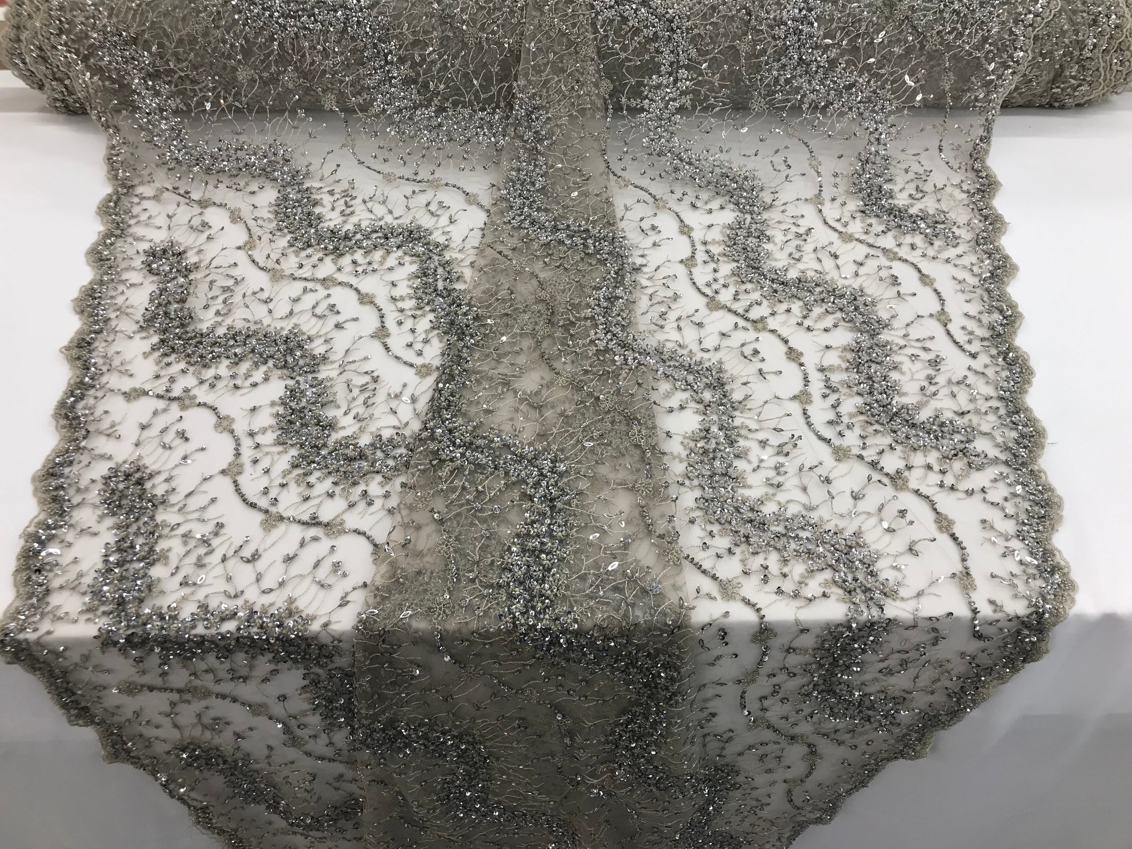 Silver - Beaded Embroidery Wavy Flower Pattern Fabric Lace Elegant Dress Fabric By The Yard