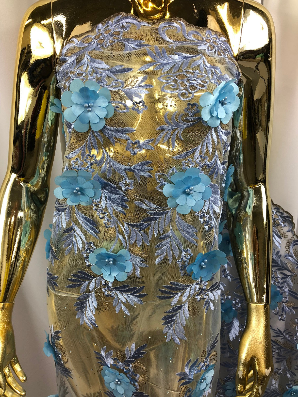 3D Embroided Flower Pattern Fabric with Two Tone Leaf Color Baby Blue - Fabric By The Yard