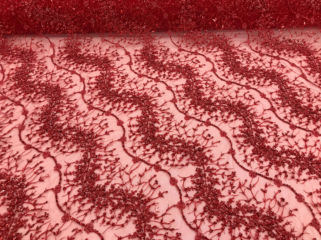 Red - Beaded Embroidery Wavy Flower Pattern Fabric Lace Elegant Dress Fabric By The Yard
