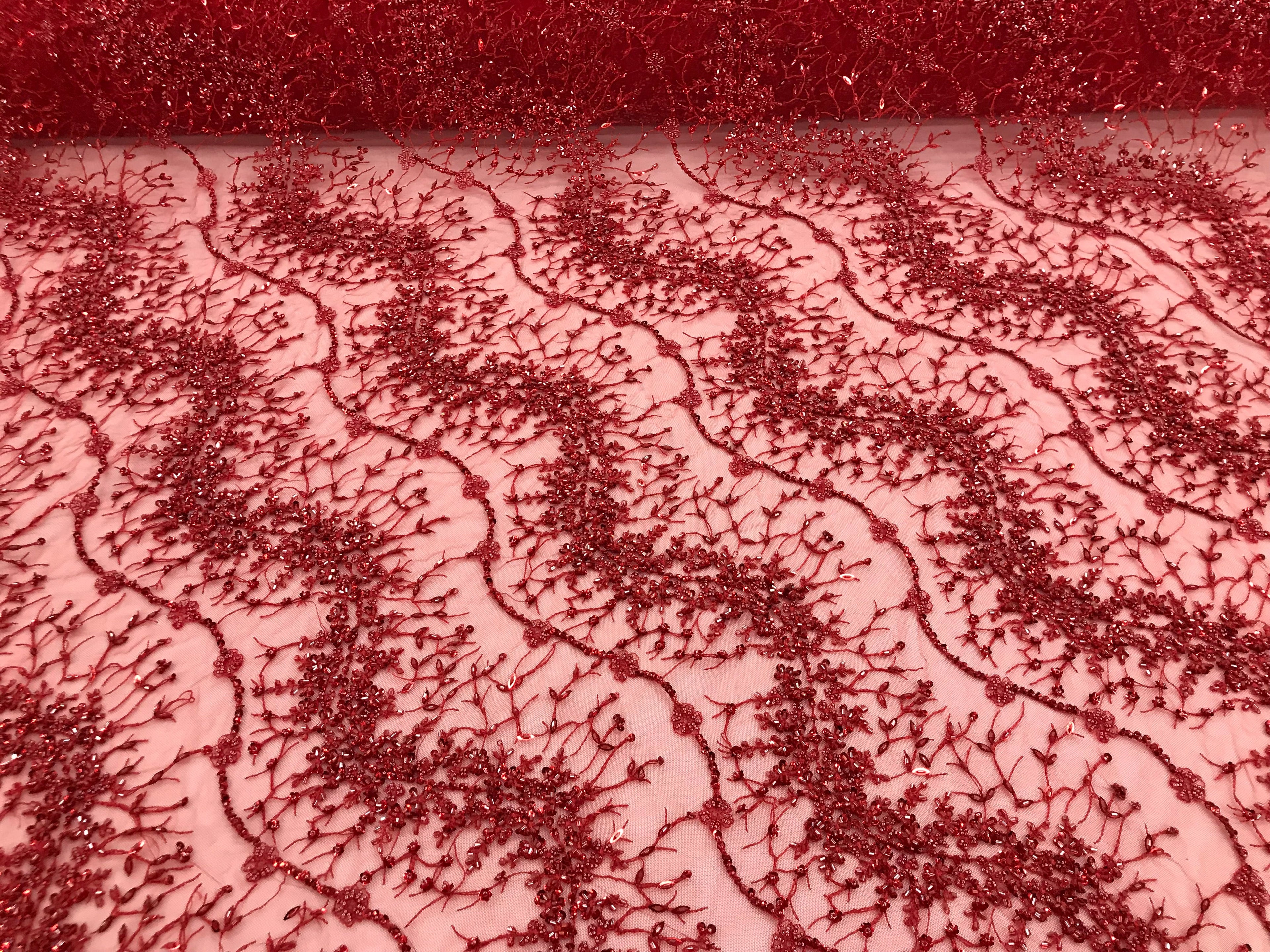 Red - Beaded Embroidery Wavy Flower Pattern Fabric Lace Elegant Dress Fabric By The Yard