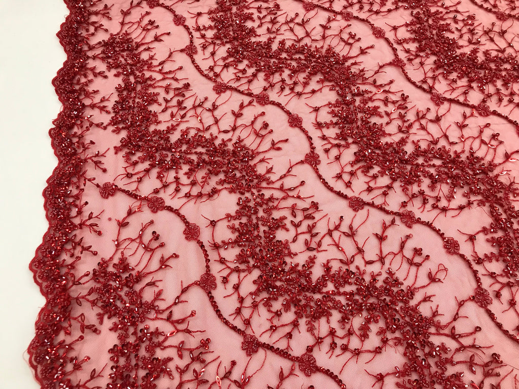 Red - Beaded Embroidery Wavy Flower Pattern Fabric Lace Elegant Dress Fabric By The Yard