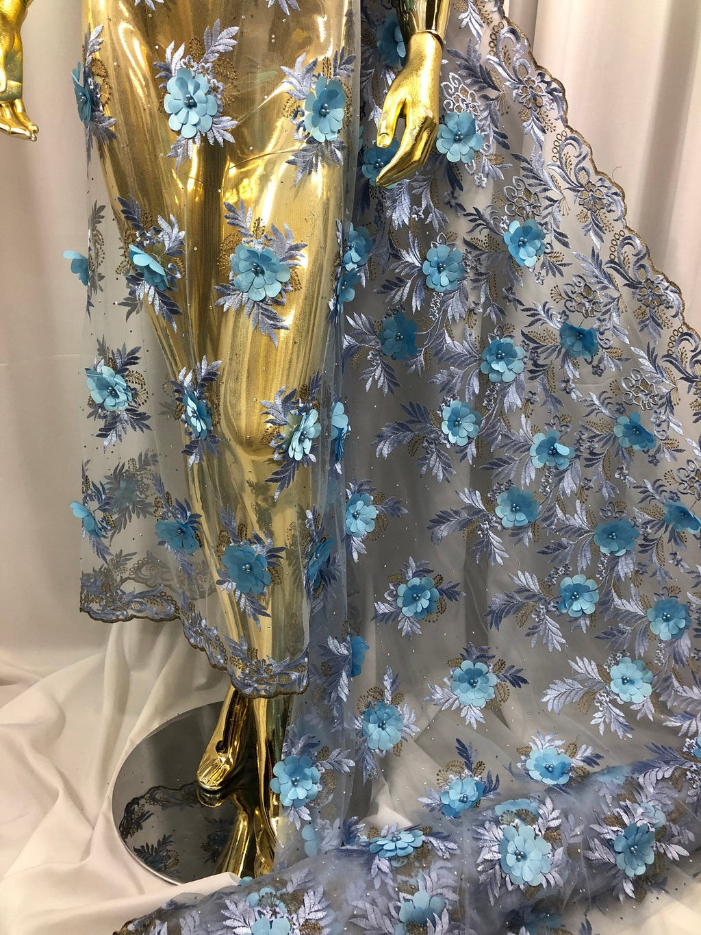3D Embroided Flower Pattern Fabric with Two Tone Leaf Color Baby Blue - Fabric By The Yard