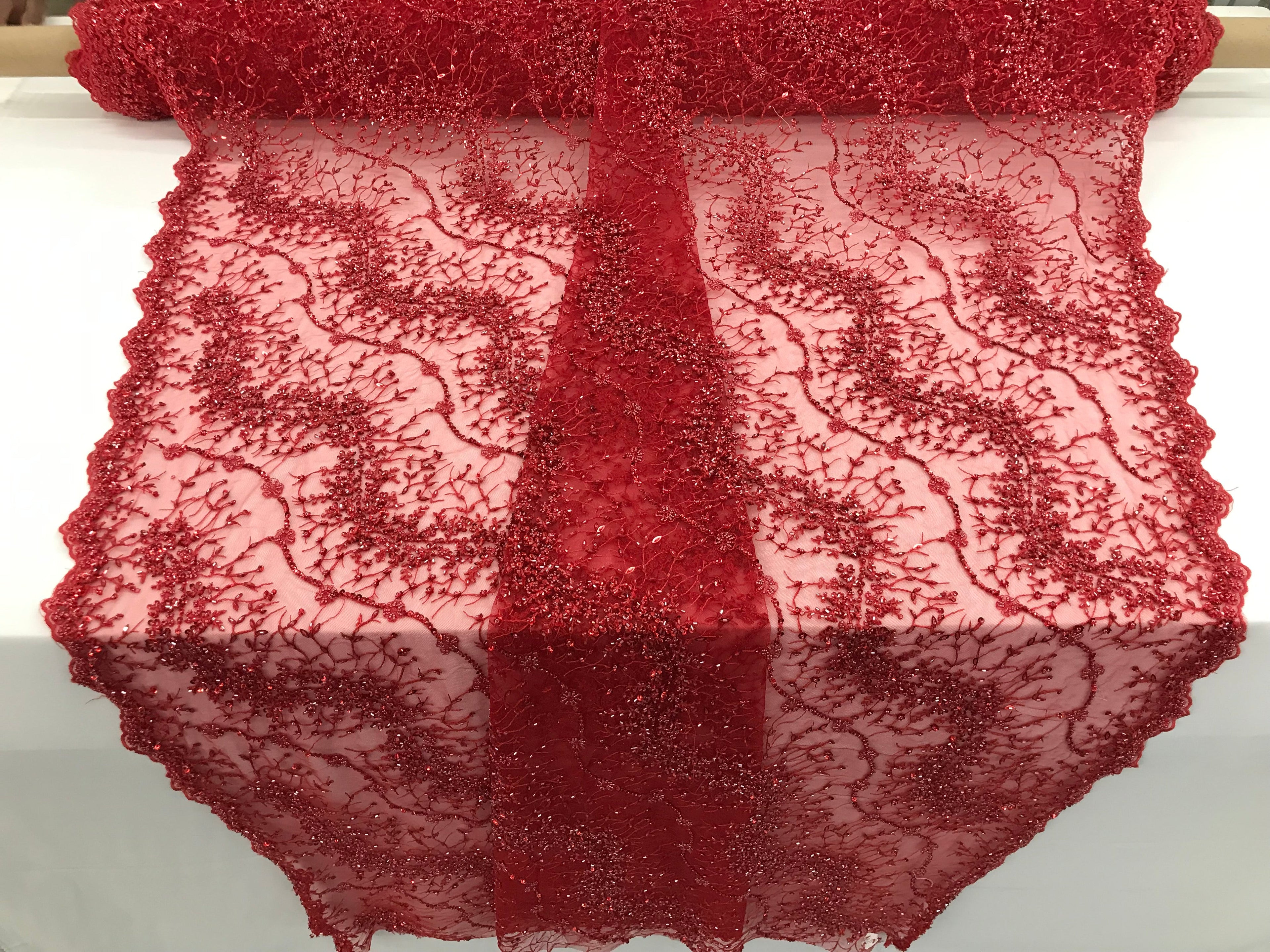 Red - Beaded Embroidery Wavy Flower Pattern Fabric Lace Elegant Dress Fabric By The Yard