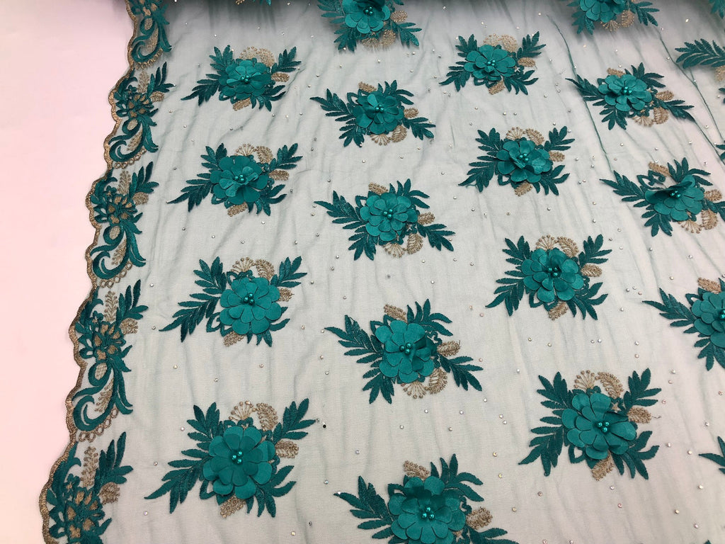3D Embroided Flower Pattern Fabric with Two Tone Leaf Color Teal - Elegant 3D Flowers By The Yard