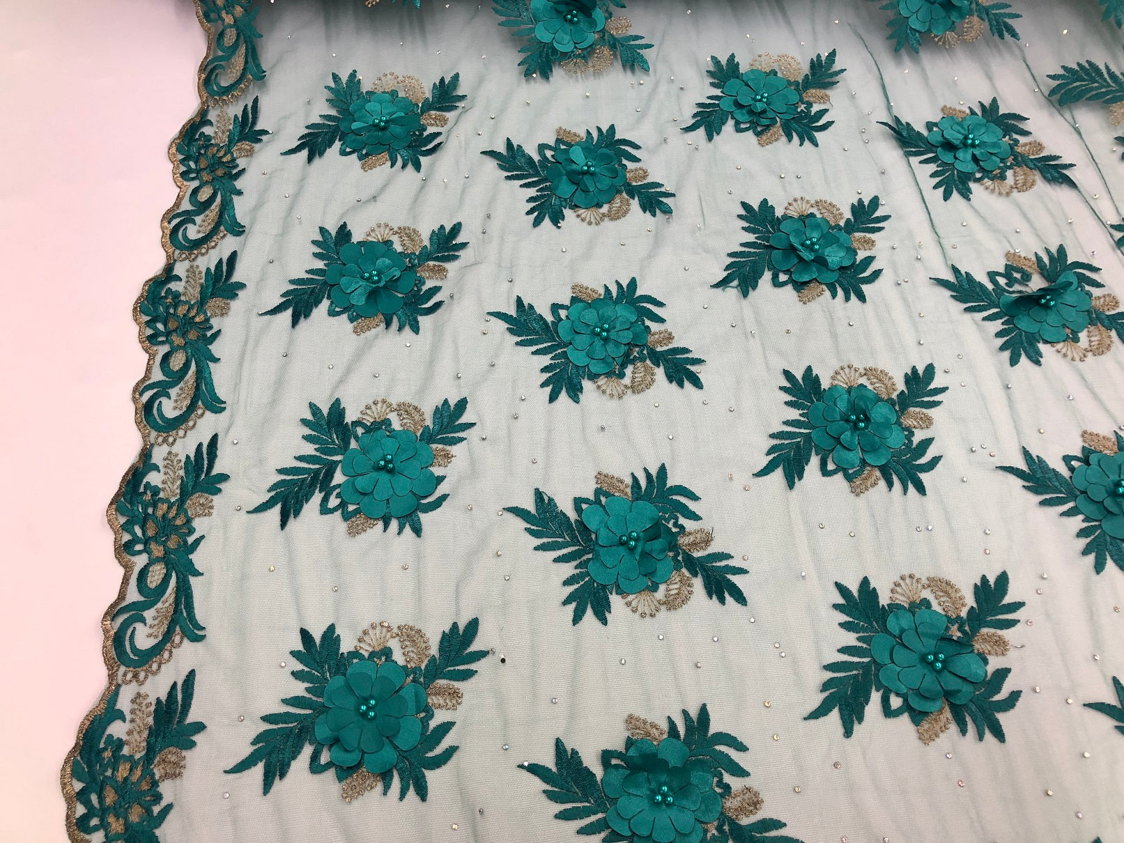 3D Embroided Flower Pattern Fabric with Two Tone Leaf Color Teal - Elegant 3D Flowers By The Yard
