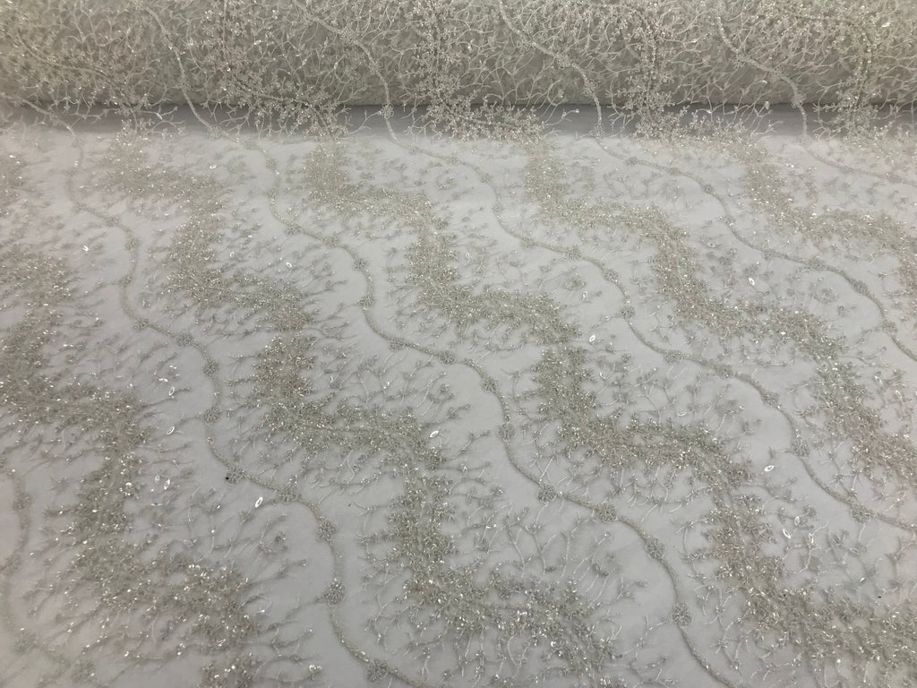 White - Beaded Embroidery Wavy Flower Pattern Fabric Lace Elegant Dress Fabric By The Yard