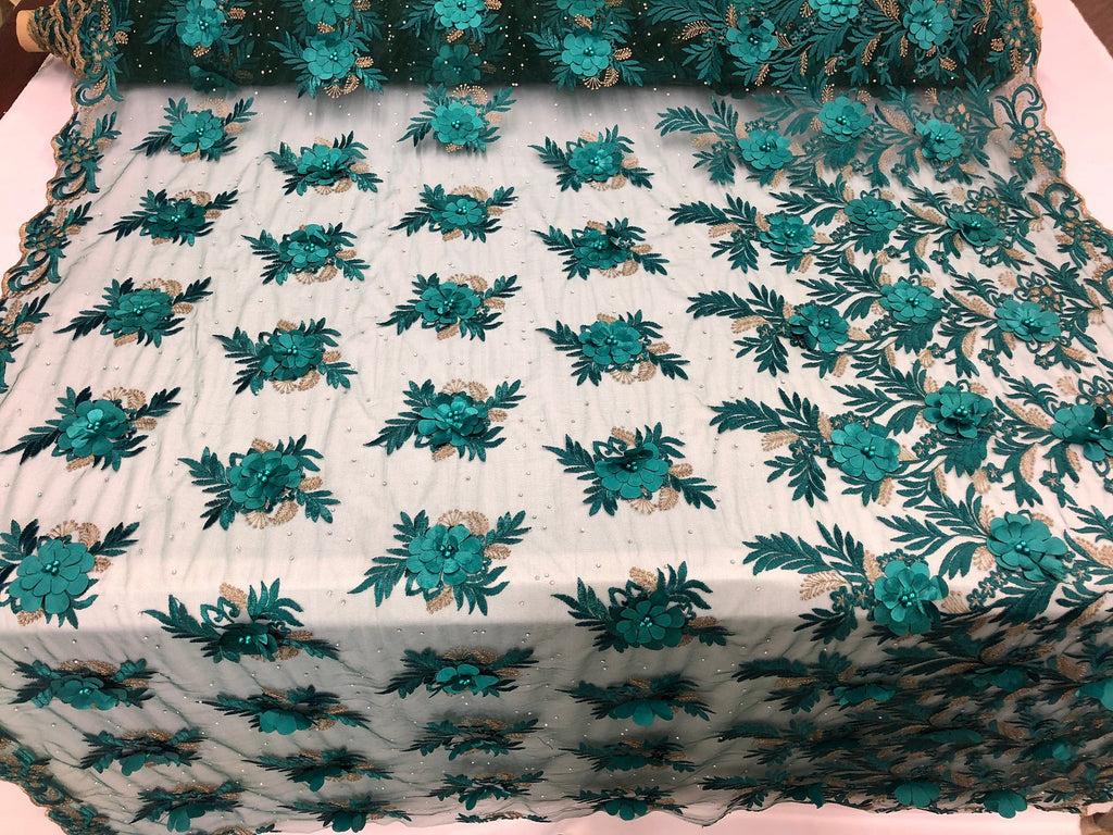 3D Embroided Flower Pattern Fabric with Two Tone Leaf Color Teal - Elegant 3D Flowers By The Yard
