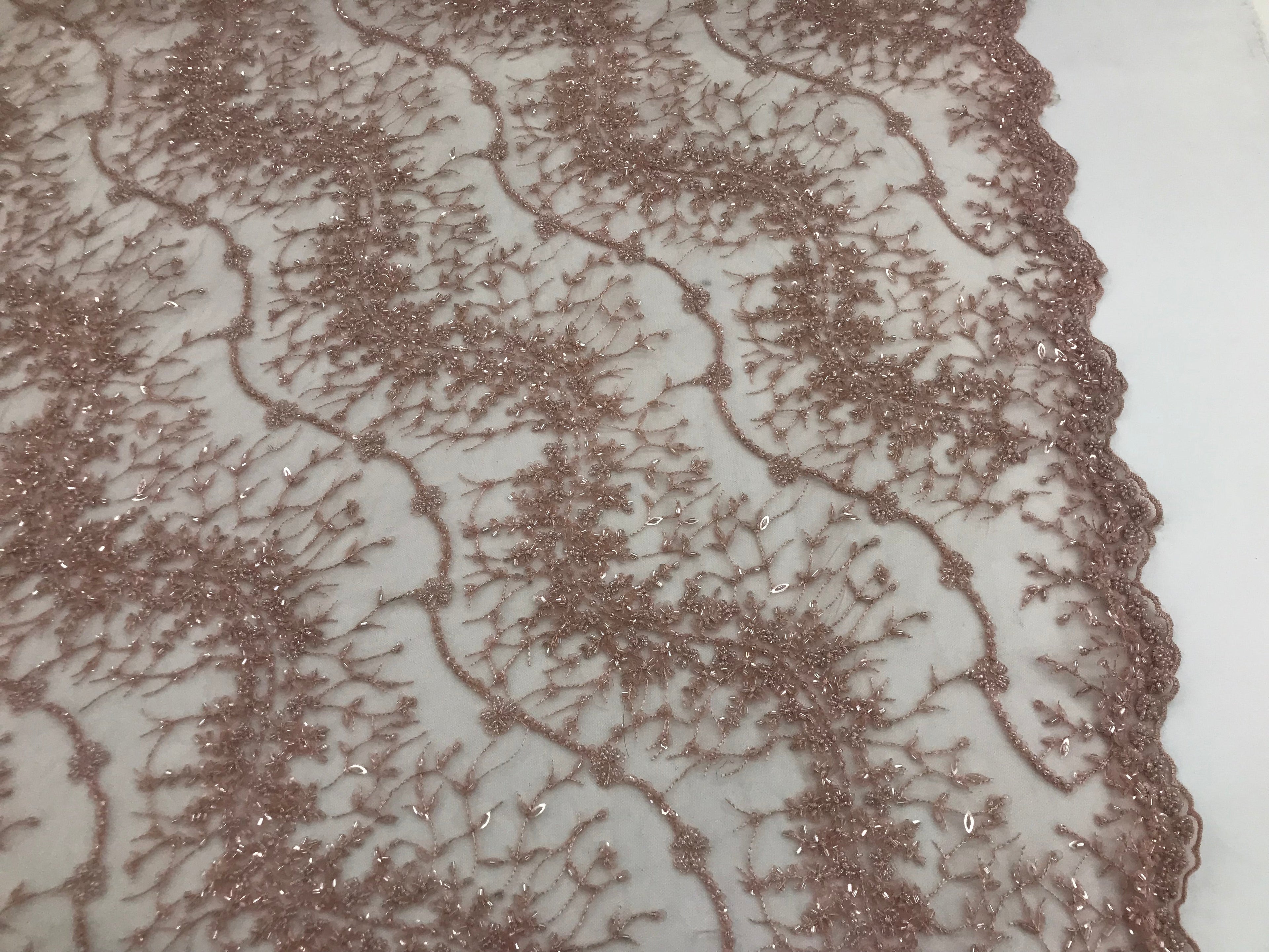 Blush - Beaded Embroidery Wavy Flower Pattern Fabric Lace Elegant Dress Fabric By The Yard