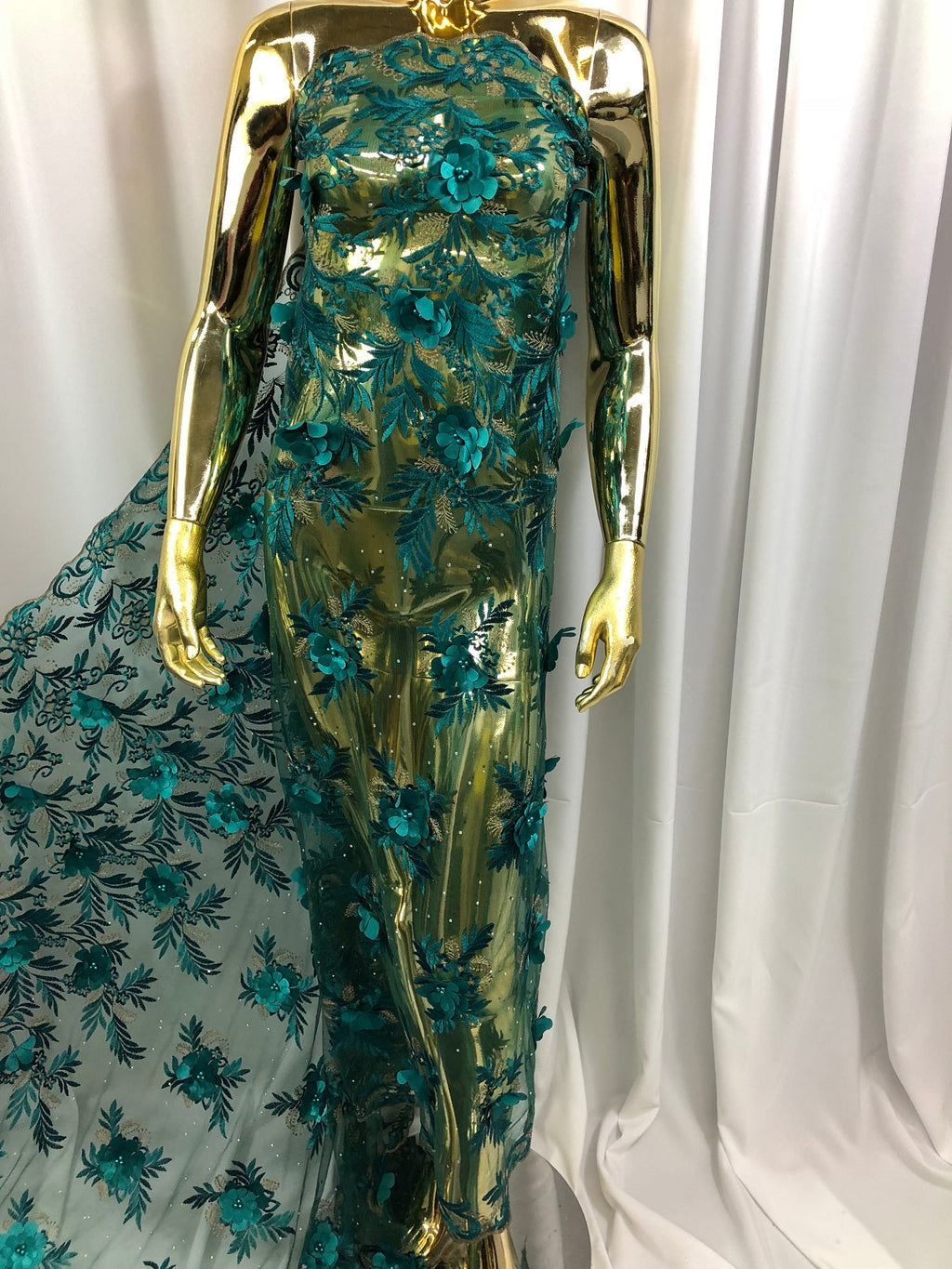 3D Embroided Flower Pattern Fabric with Two Tone Leaf Color Teal - Elegant 3D Flowers By The Yard