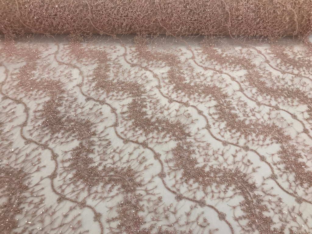 Blush - Beaded Embroidery Wavy Flower Pattern Fabric Lace Elegant Dress Fabric By The Yard