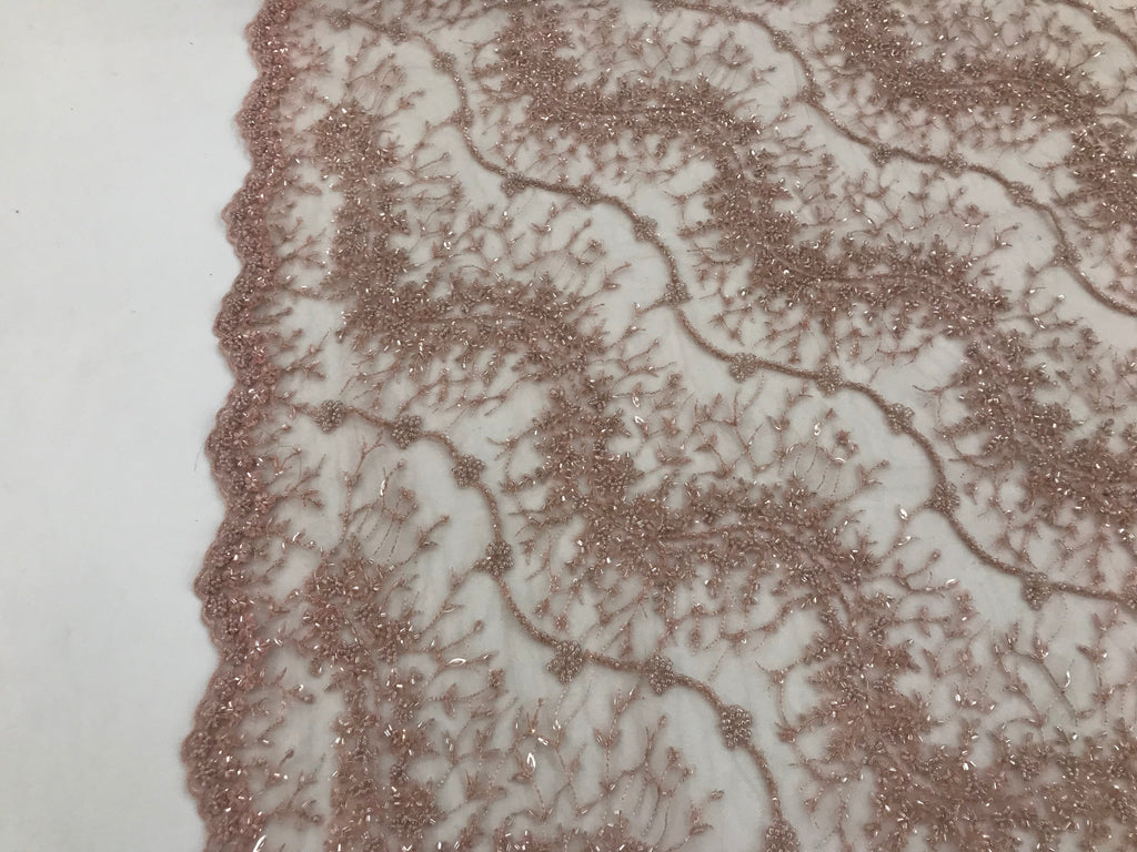 Blush - Beaded Embroidery Wavy Flower Pattern Fabric Lace Elegant Dress Fabric By The Yard