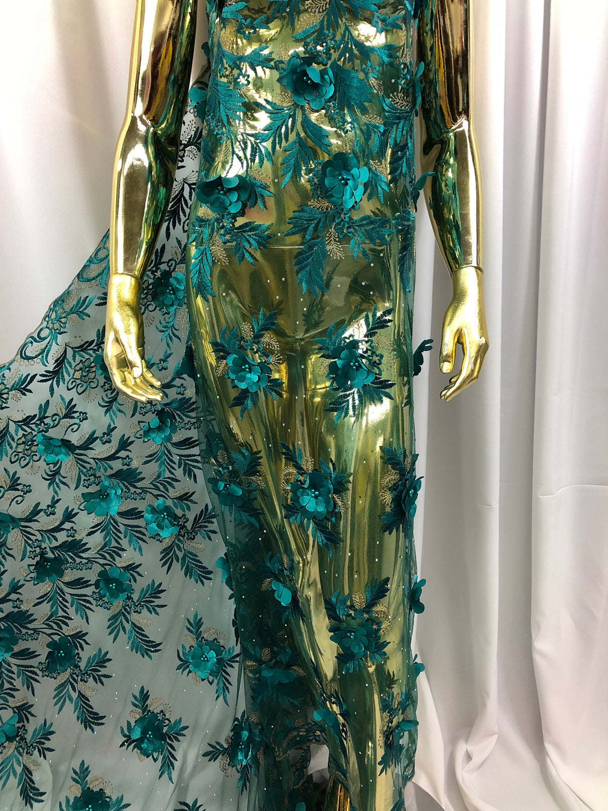 3D Embroided Flower Pattern Fabric with Two Tone Leaf Color Teal - Elegant 3D Flowers By The Yard