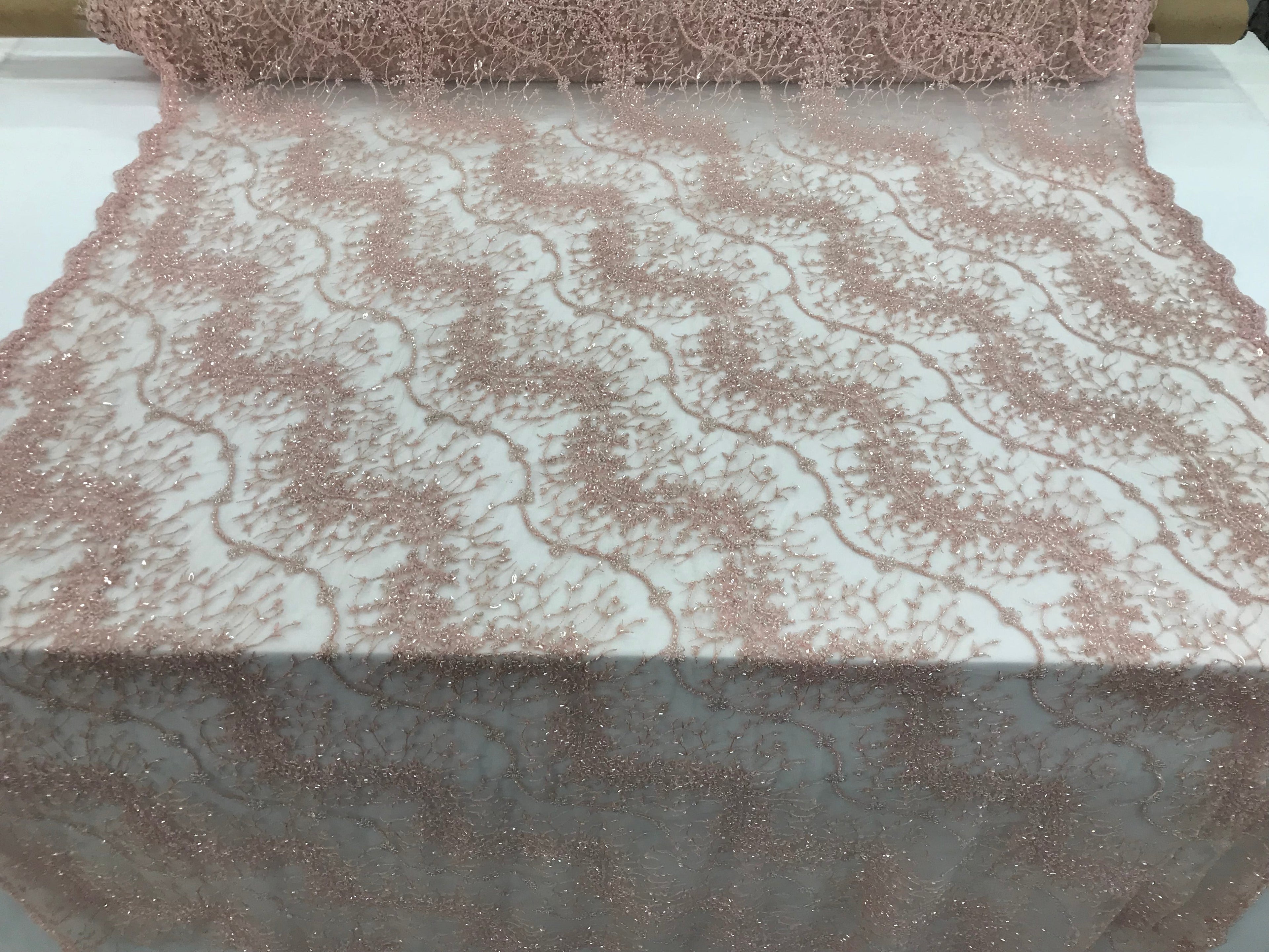 Blush - Beaded Embroidery Wavy Flower Pattern Fabric Lace Elegant Dress Fabric By The Yard