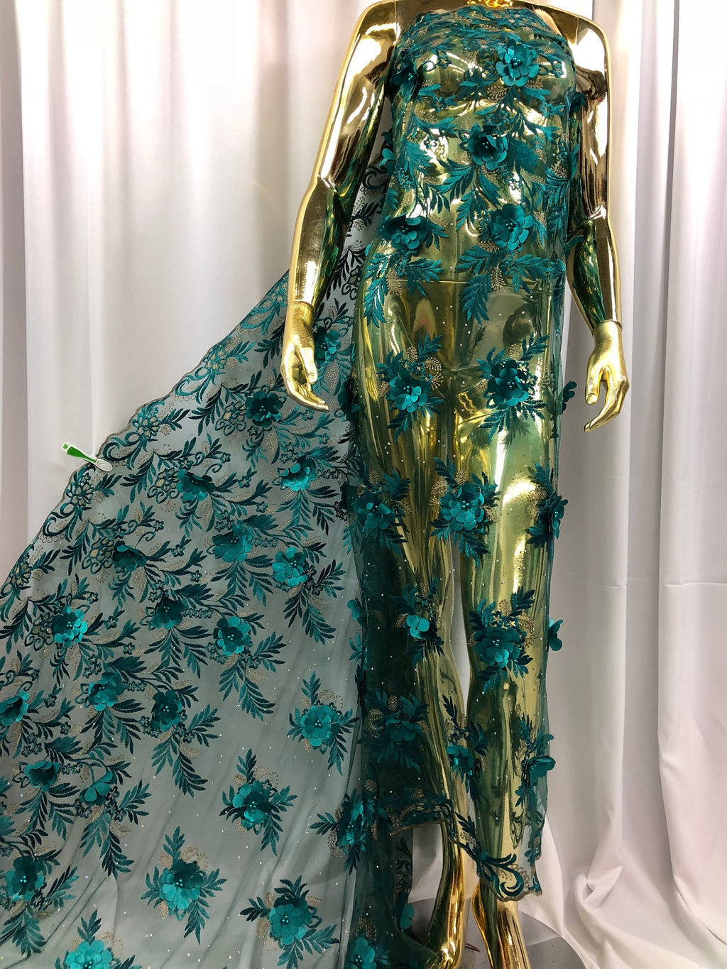 3D Embroided Flower Pattern Fabric with Two Tone Leaf Color Teal - Elegant 3D Flowers By The Yard