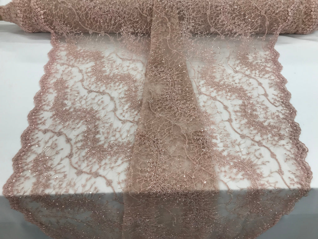 Blush - Beaded Embroidery Wavy Flower Pattern Fabric Lace Elegant Dress Fabric By The Yard