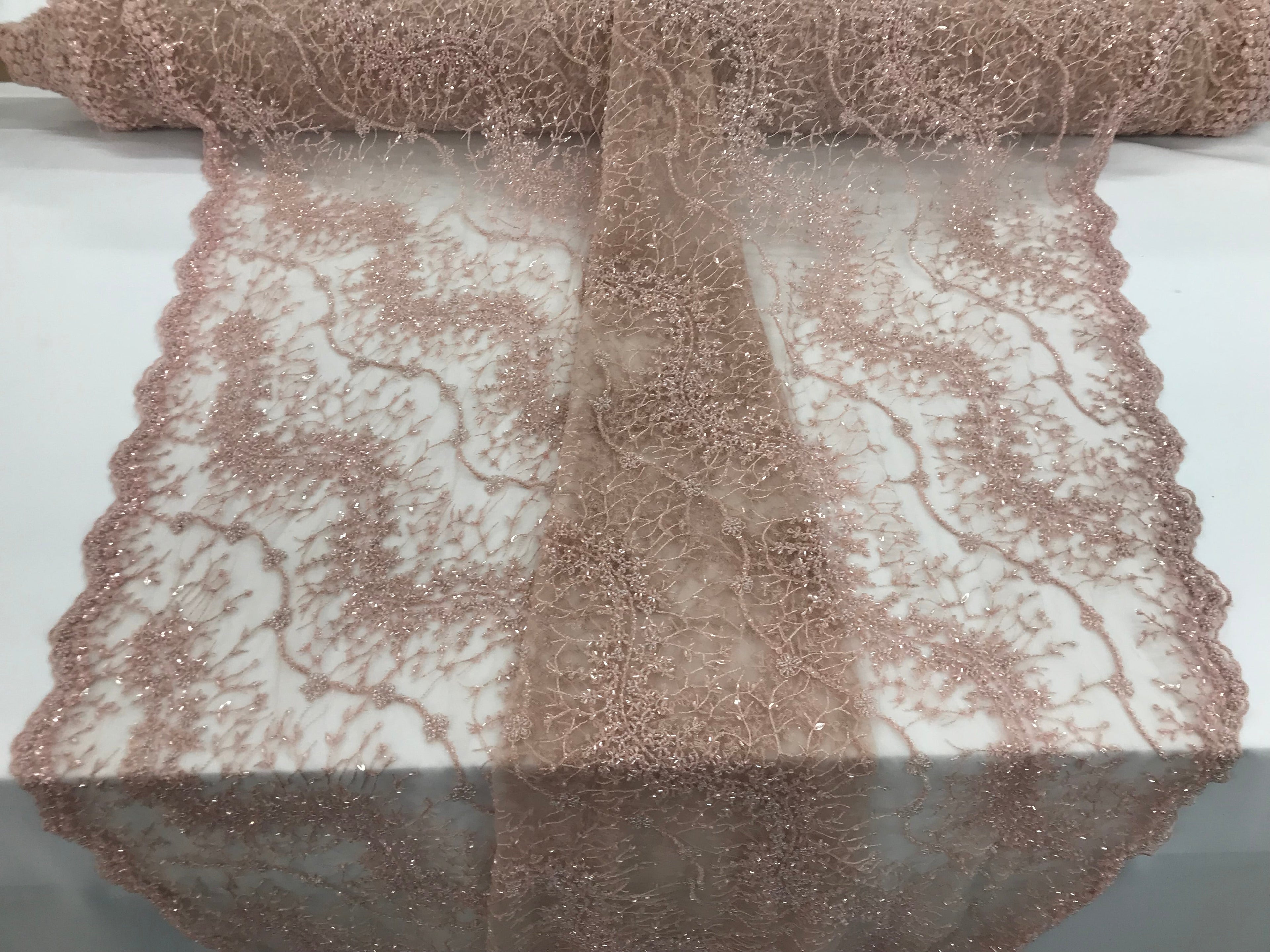 Blush - Beaded Embroidery Wavy Flower Pattern Fabric Lace Elegant Dress Fabric By The Yard