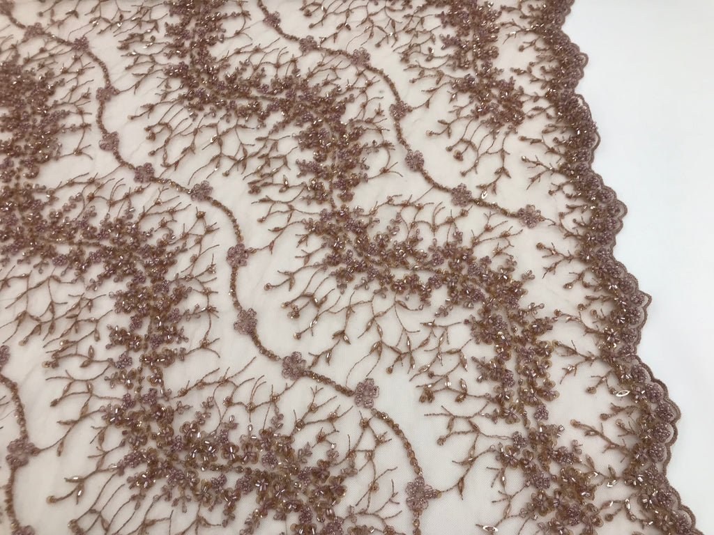 Mauve - Beaded Embroidery Wavy Flower Pattern Fabric Lace Elegant Dress Fabric By The Yard