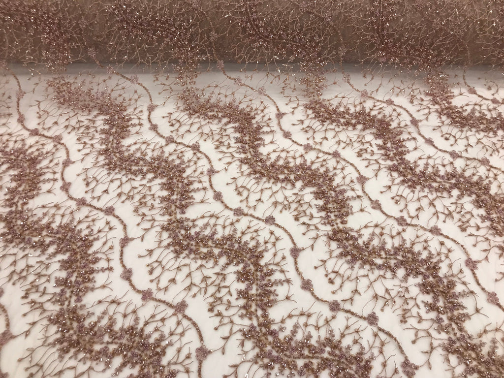 Mauve - Beaded Embroidery Wavy Flower Pattern Fabric Lace Elegant Dress Fabric By The Yard