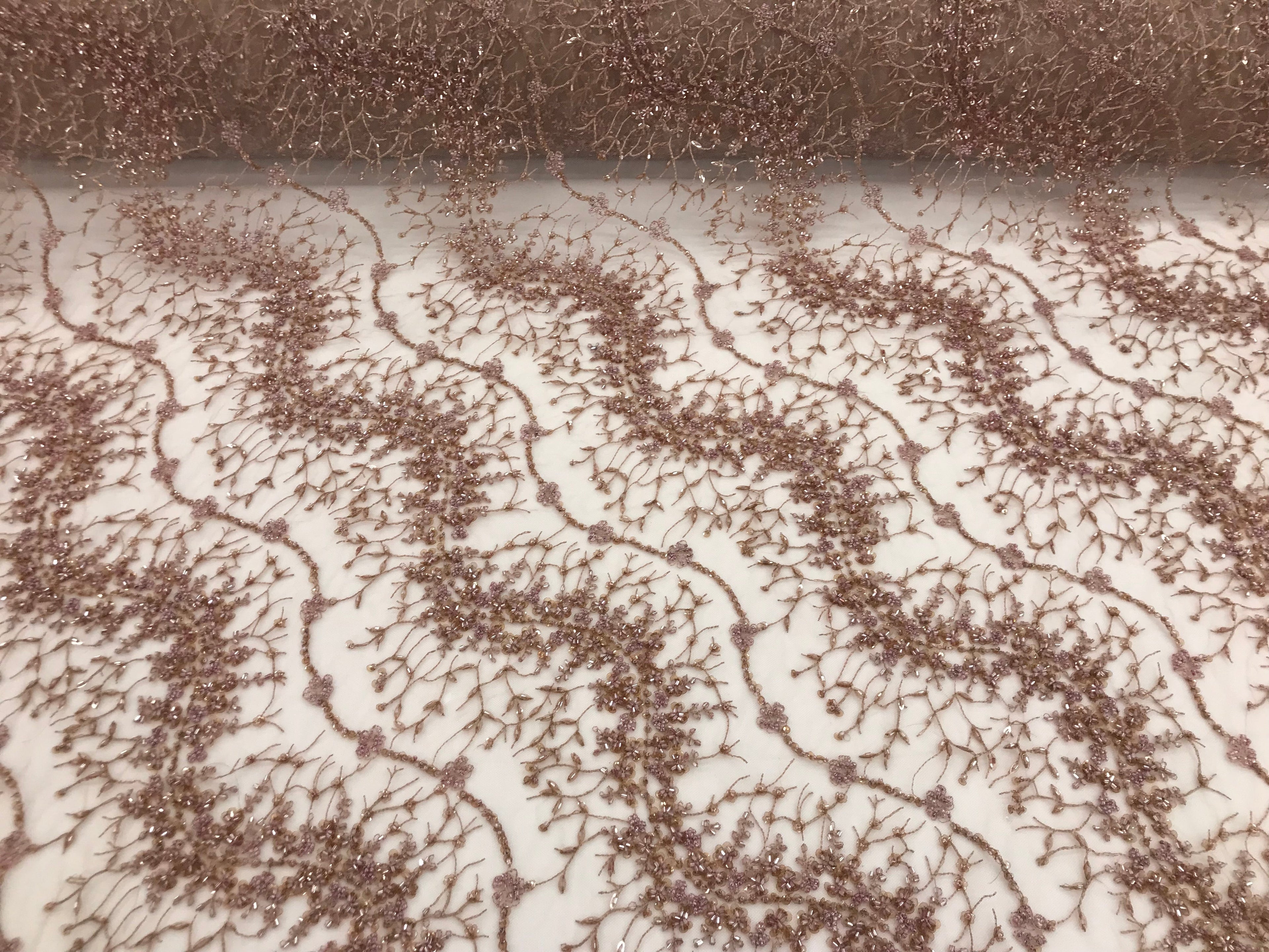 Mauve - Beaded Embroidery Wavy Flower Pattern Fabric Lace Elegant Dress Fabric By The Yard