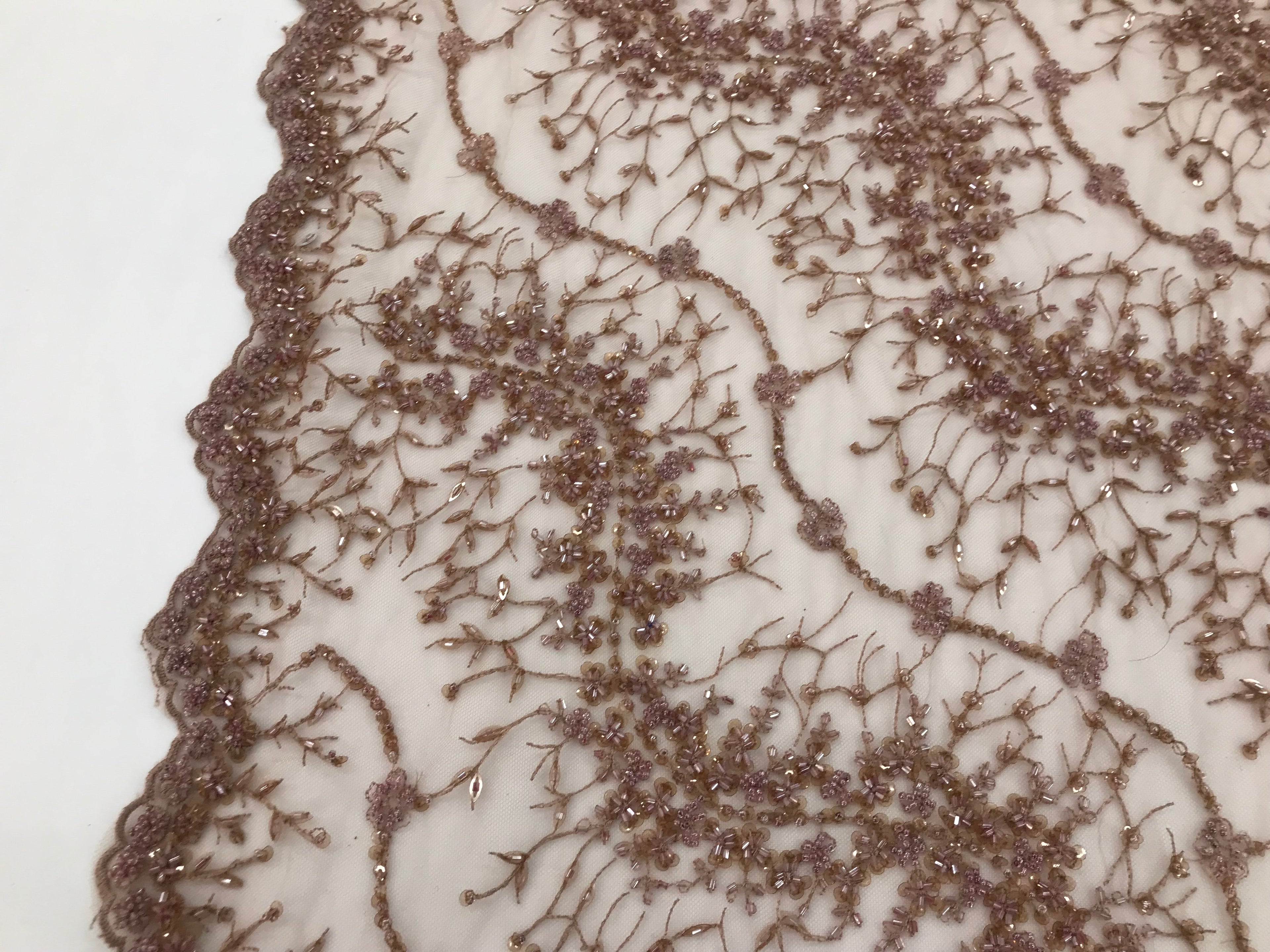Mauve - Beaded Embroidery Wavy Flower Pattern Fabric Lace Elegant Dress Fabric By The Yard