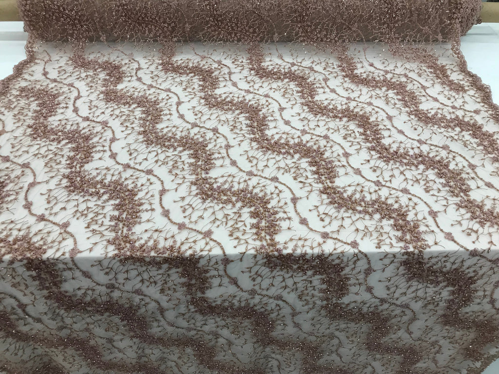 Mauve - Beaded Embroidery Wavy Flower Pattern Fabric Lace Elegant Dress Fabric By The Yard
