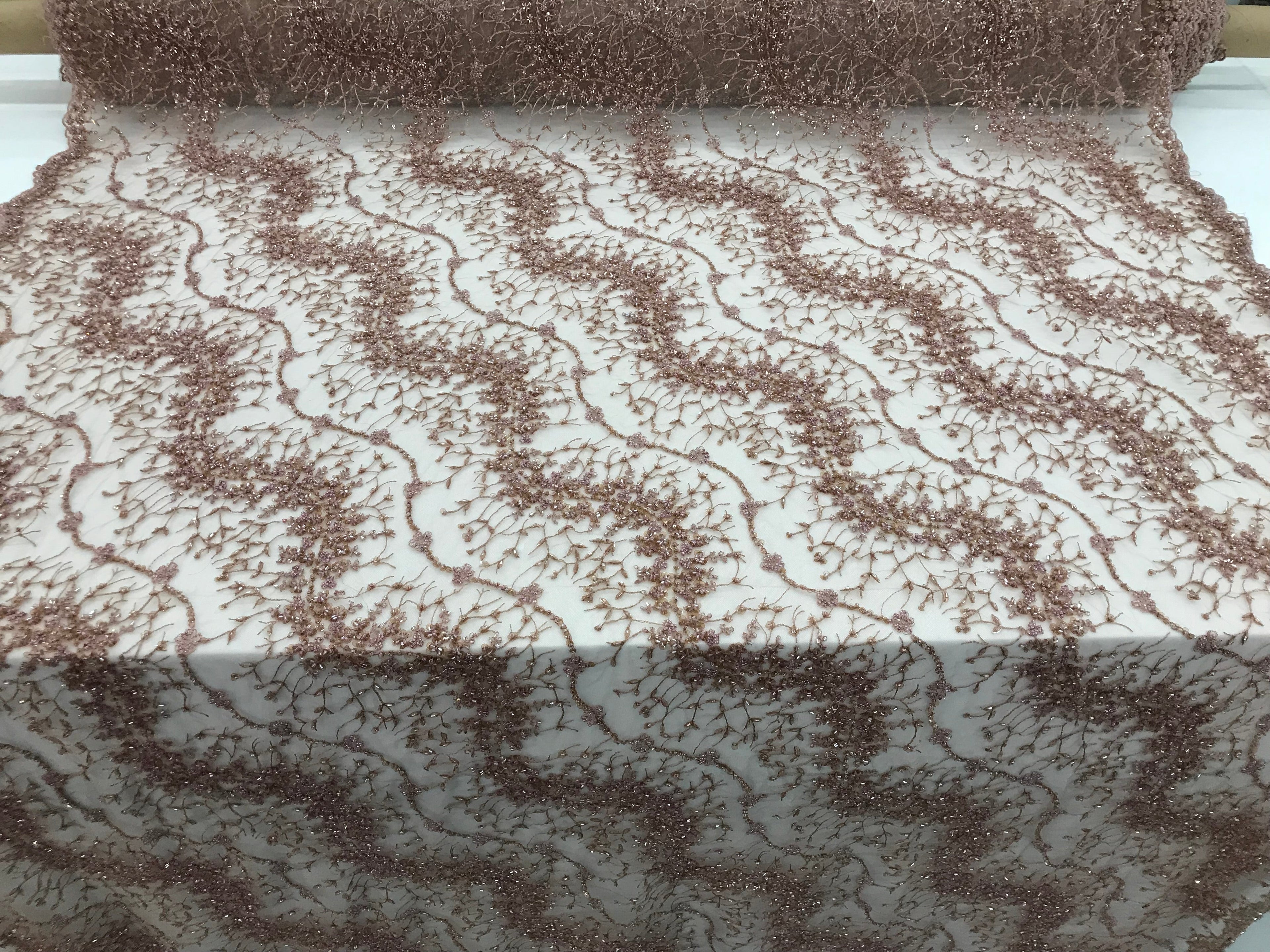 Mauve - Beaded Embroidery Wavy Flower Pattern Fabric Lace Elegant Dress Fabric By The Yard
