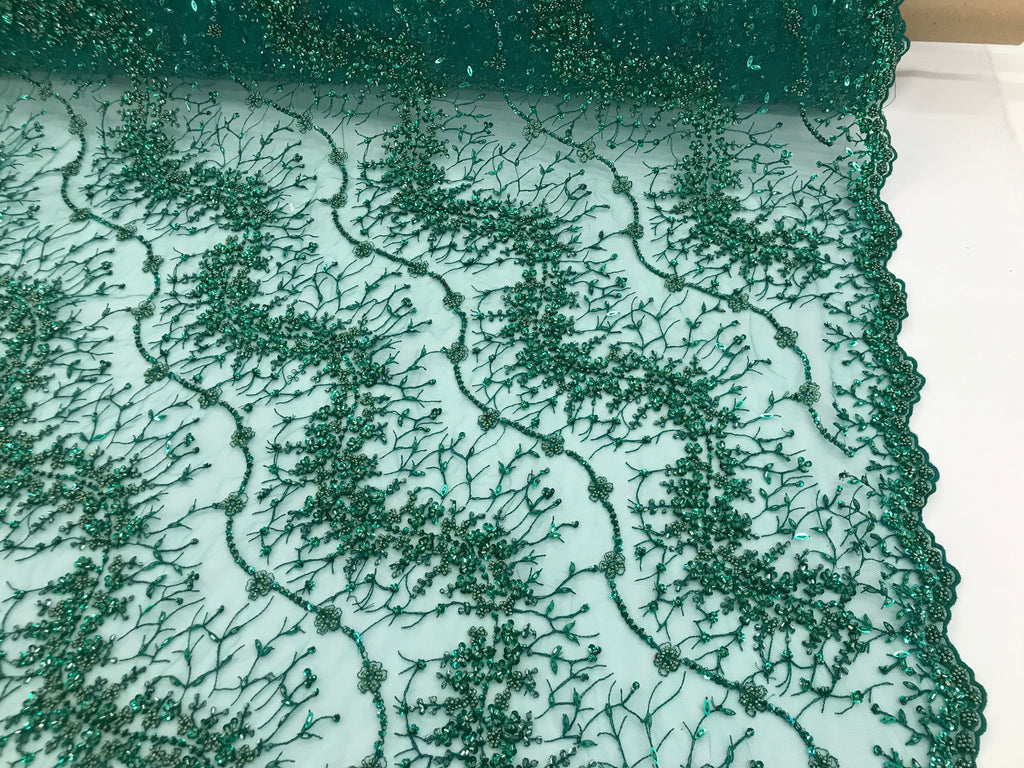 Green - Beaded Embroidery Wavy Flower Pattern Fabric Lace Elegant Dress Fabric By The Yard
