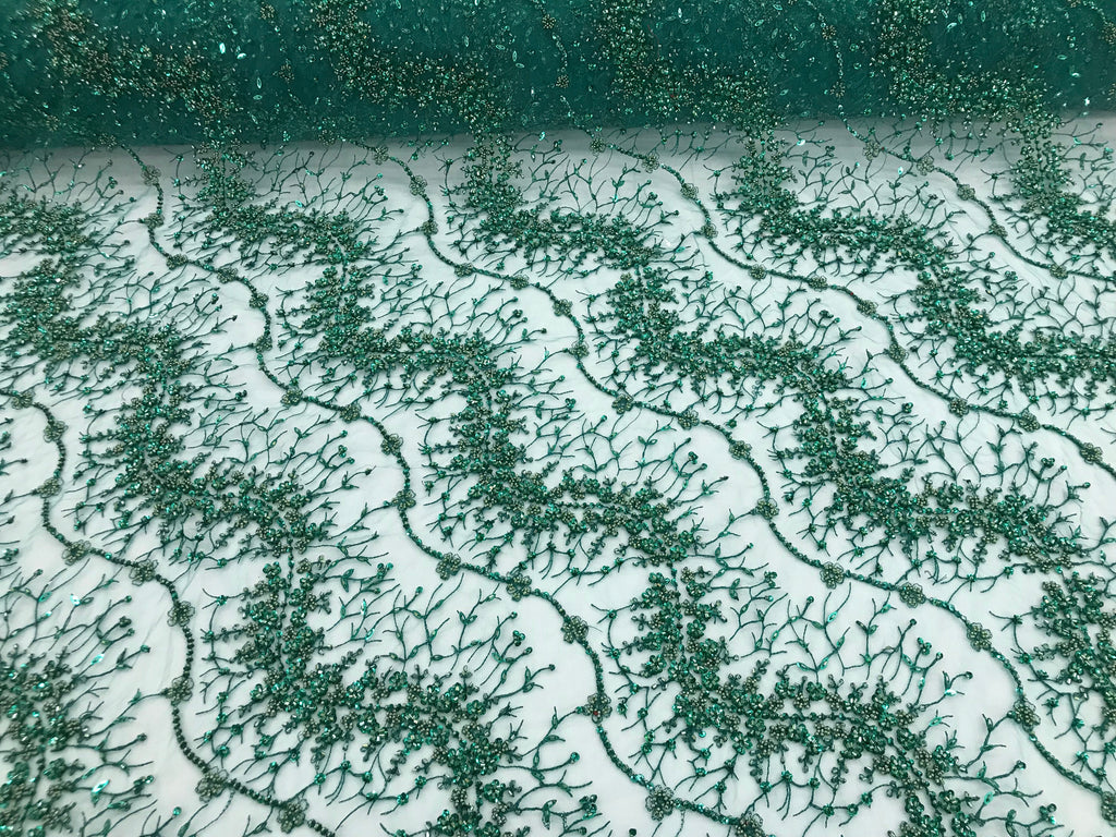 Green - Beaded Embroidery Wavy Flower Pattern Fabric Lace Elegant Dress Fabric By The Yard
