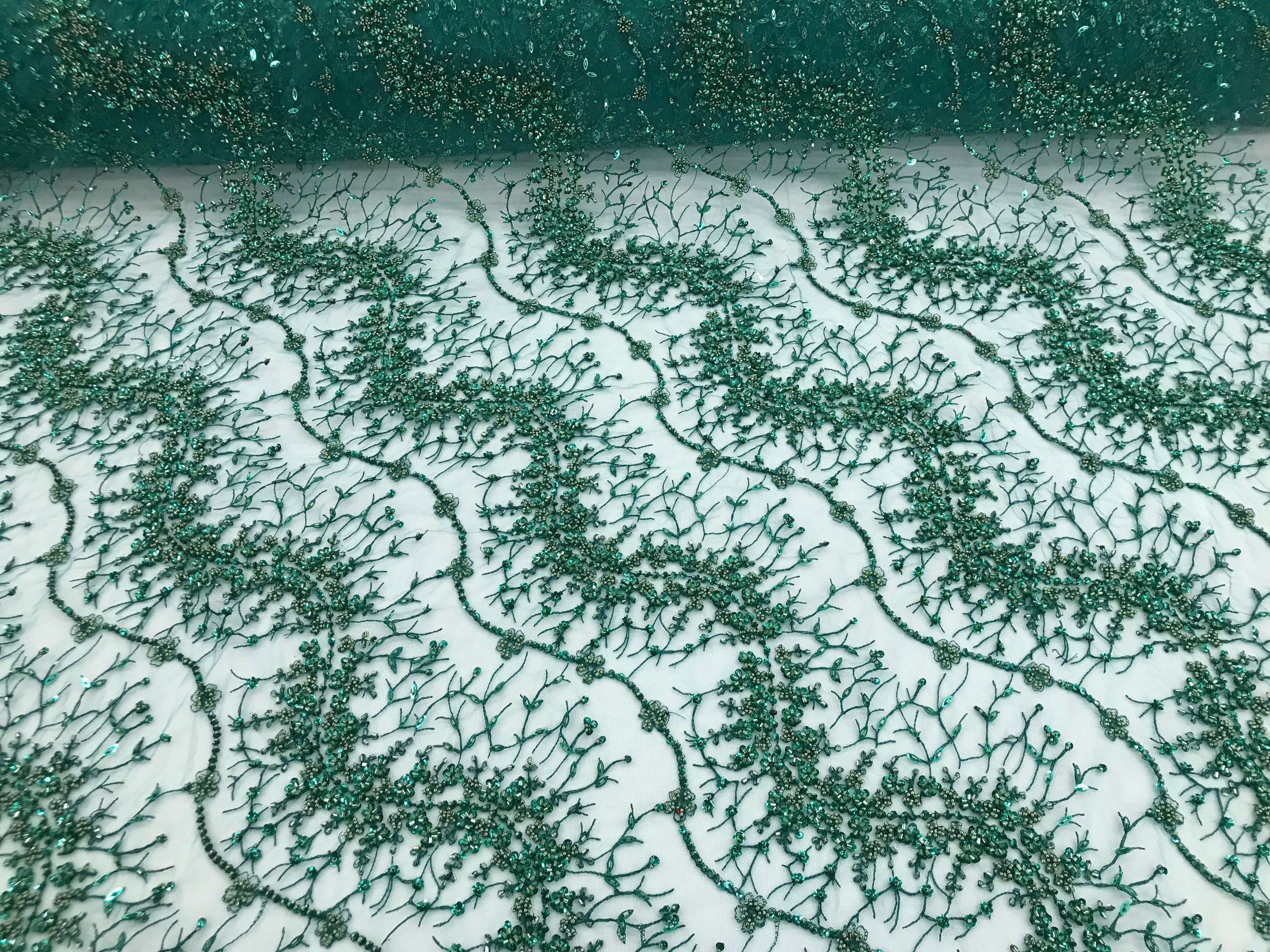 Green - Beaded Embroidery Wavy Flower Pattern Fabric Lace Elegant Dress Fabric By The Yard