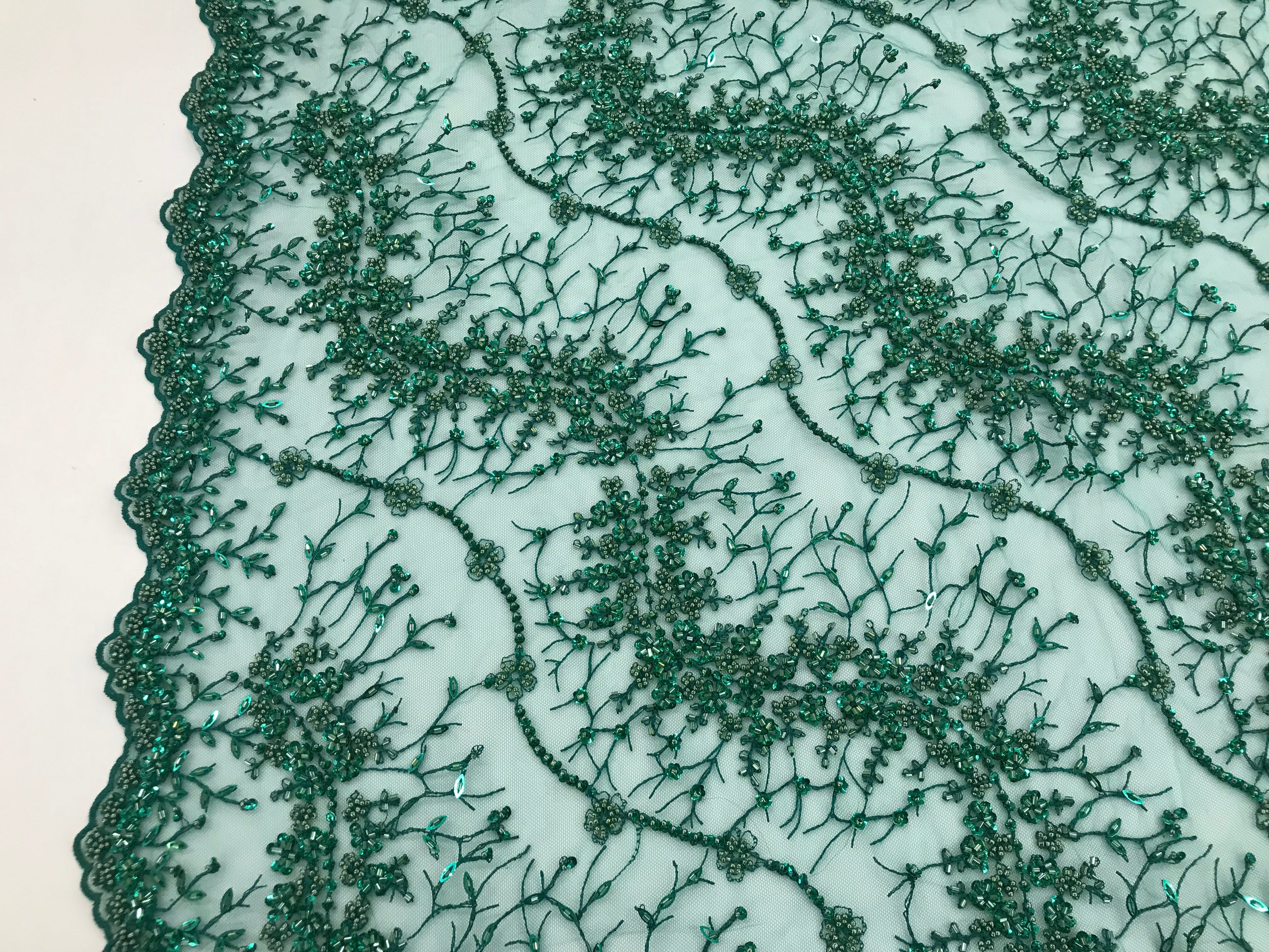 Green - Beaded Embroidery Wavy Flower Pattern Fabric Lace Elegant Dress Fabric By The Yard