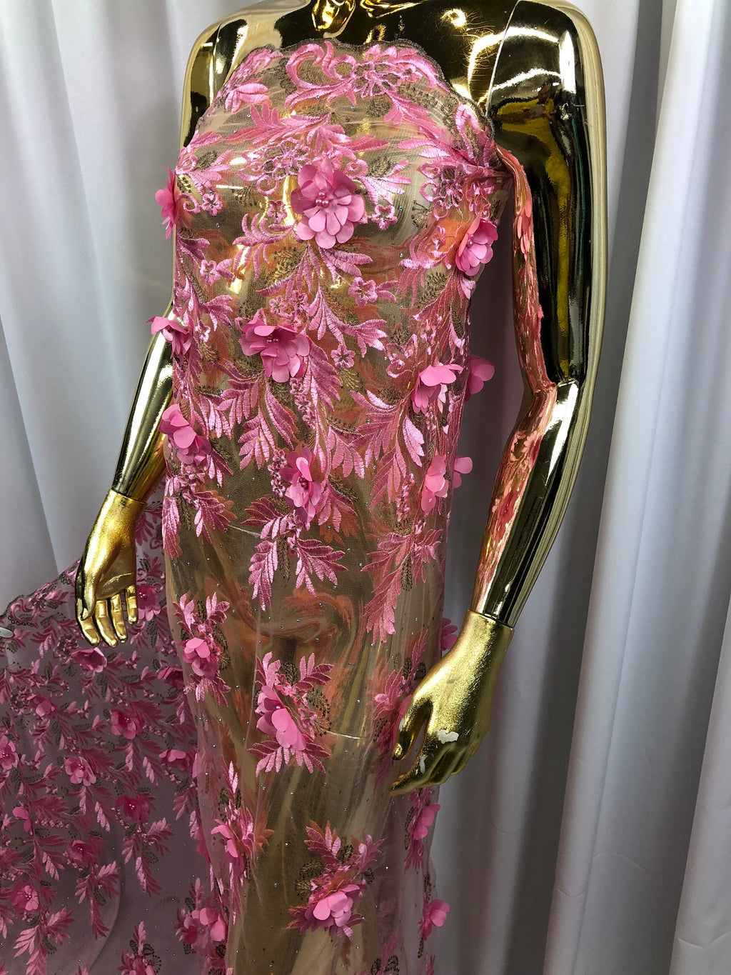 3D Embroided Flower Pattern Fabric with Two Tone Leaf Color - Pink - Elegant 3D Flowers By The Yard
