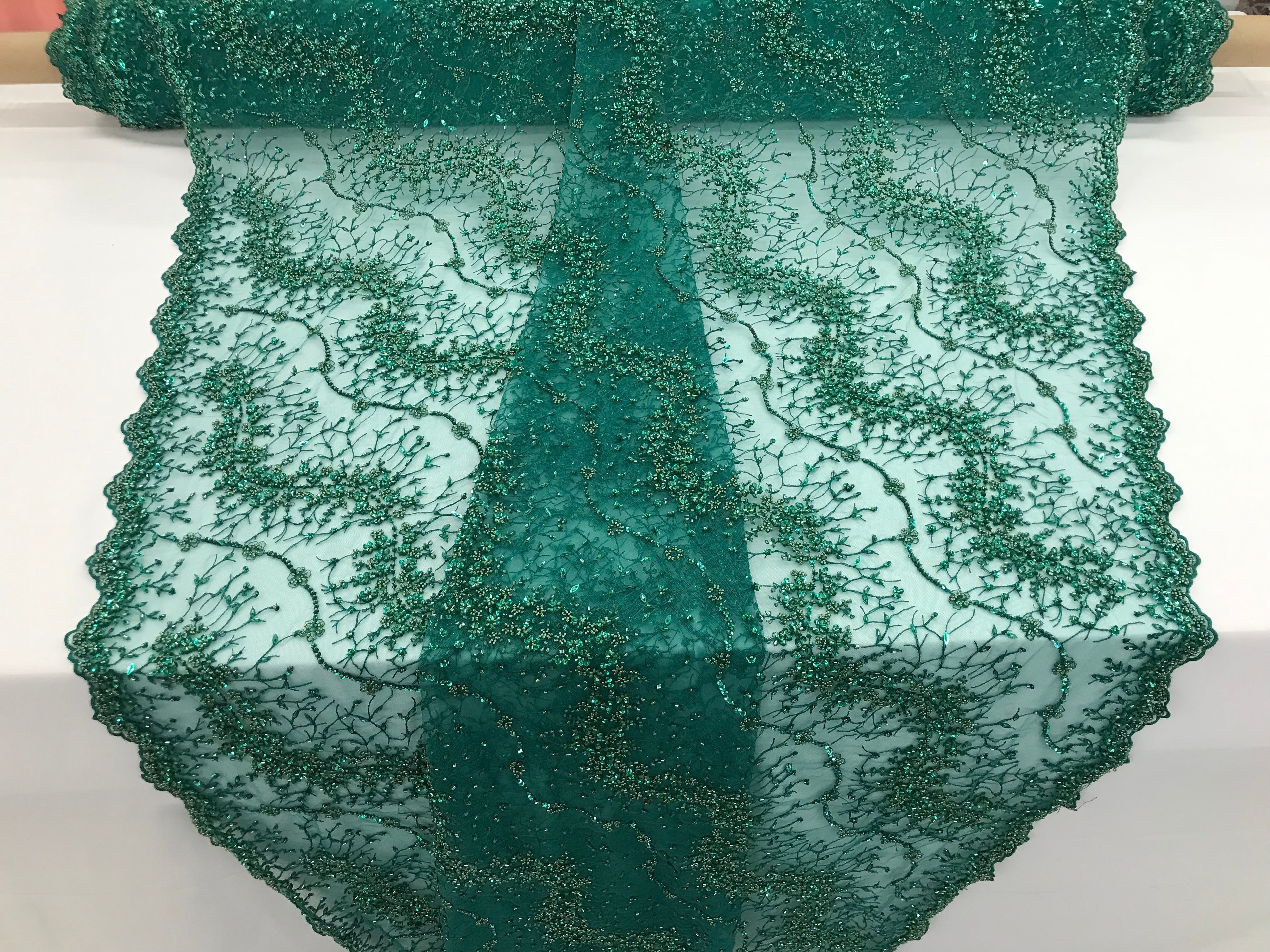 Green - Beaded Embroidery Wavy Flower Pattern Fabric Lace Elegant Dress Fabric By The Yard