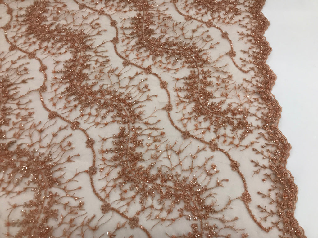 Peach - Beaded Embroidery Wavy Flower Pattern Fabric Lace Elegant Dress Fabric By The Yard