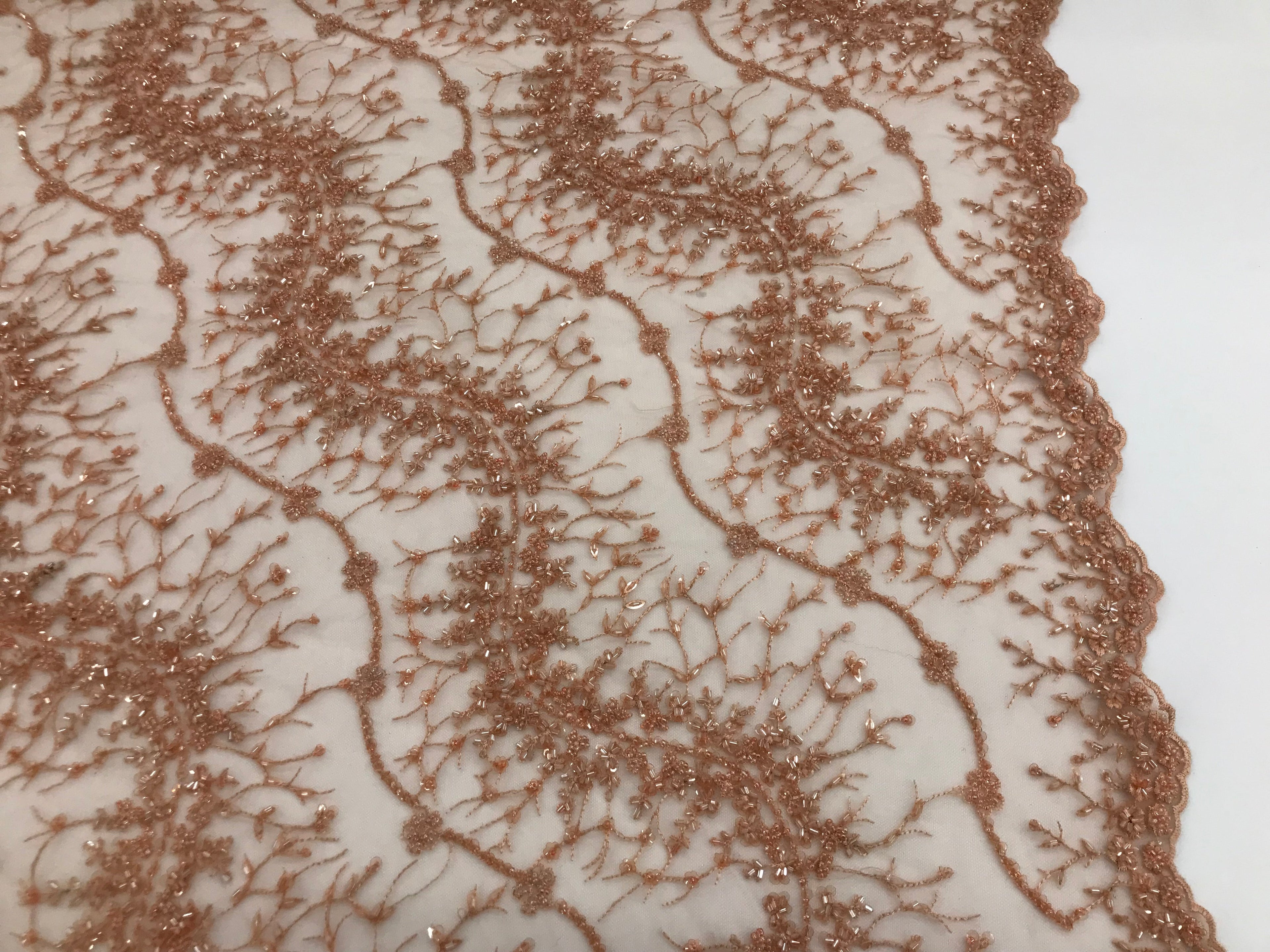 Peach - Beaded Embroidery Wavy Flower Pattern Fabric Lace Elegant Dress Fabric By The Yard