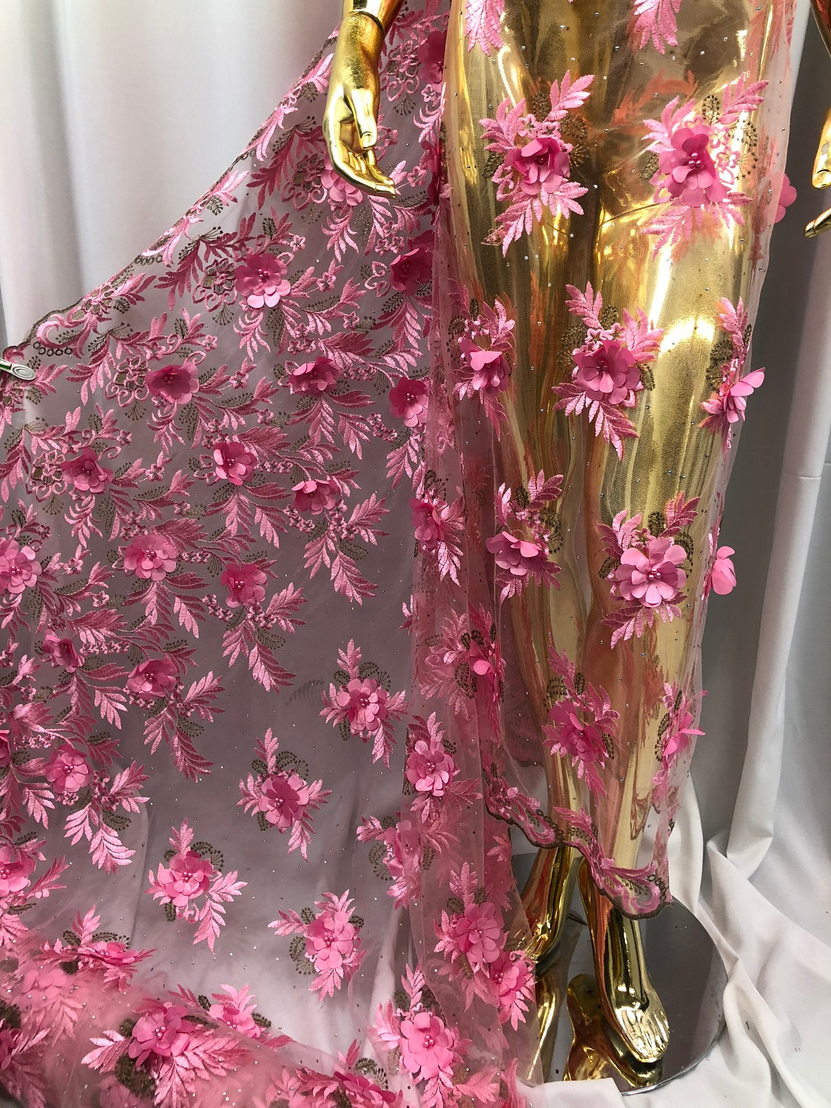 3D Embroided Flower Pattern Fabric with Two Tone Leaf Color - Pink - Elegant 3D Flowers By The Yard