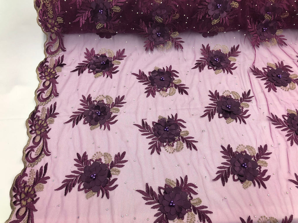 3D Embroided Flower Pattern Fabric with Two Tone Leaf Color Purple - Elegant 3D Flowers By The Yard