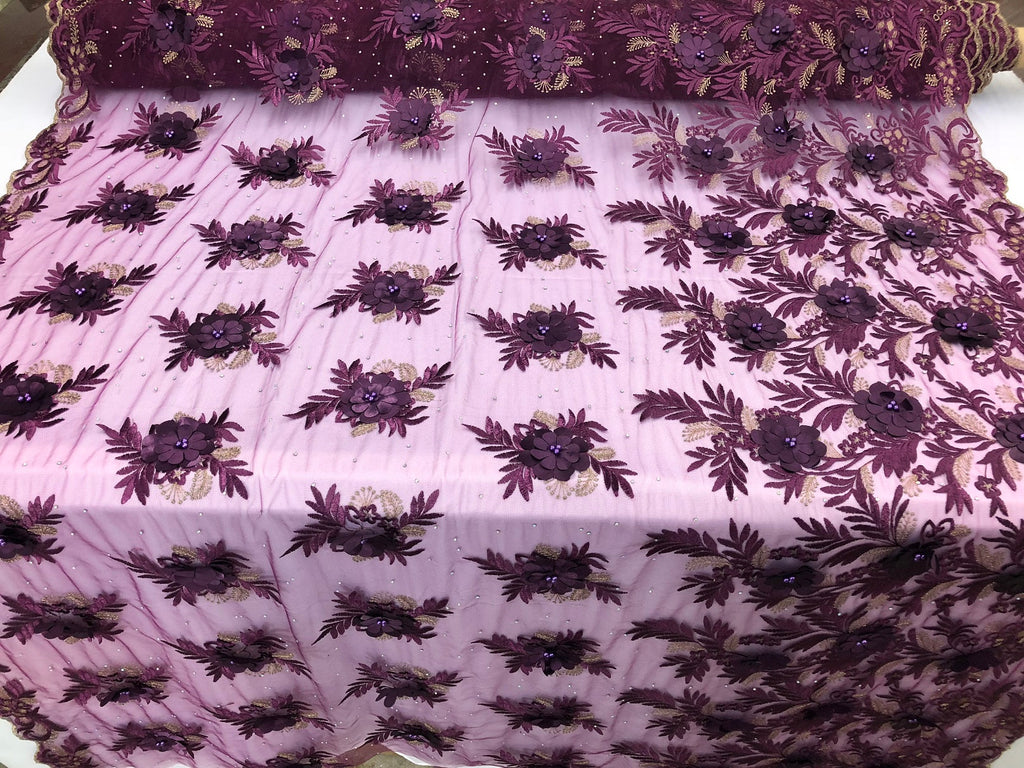 3D Embroided Flower Pattern Fabric with Two Tone Leaf Color Purple - Elegant 3D Flowers By The Yard
