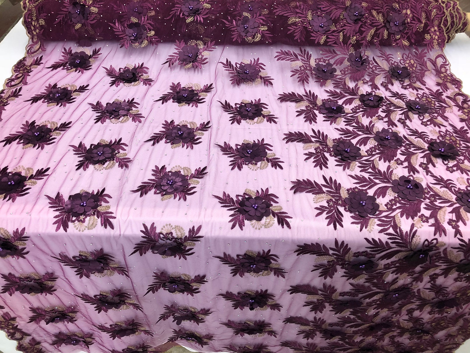 3D Embroided Flower Pattern Fabric with Two Tone Leaf Color Purple - Elegant 3D Flowers By The Yard