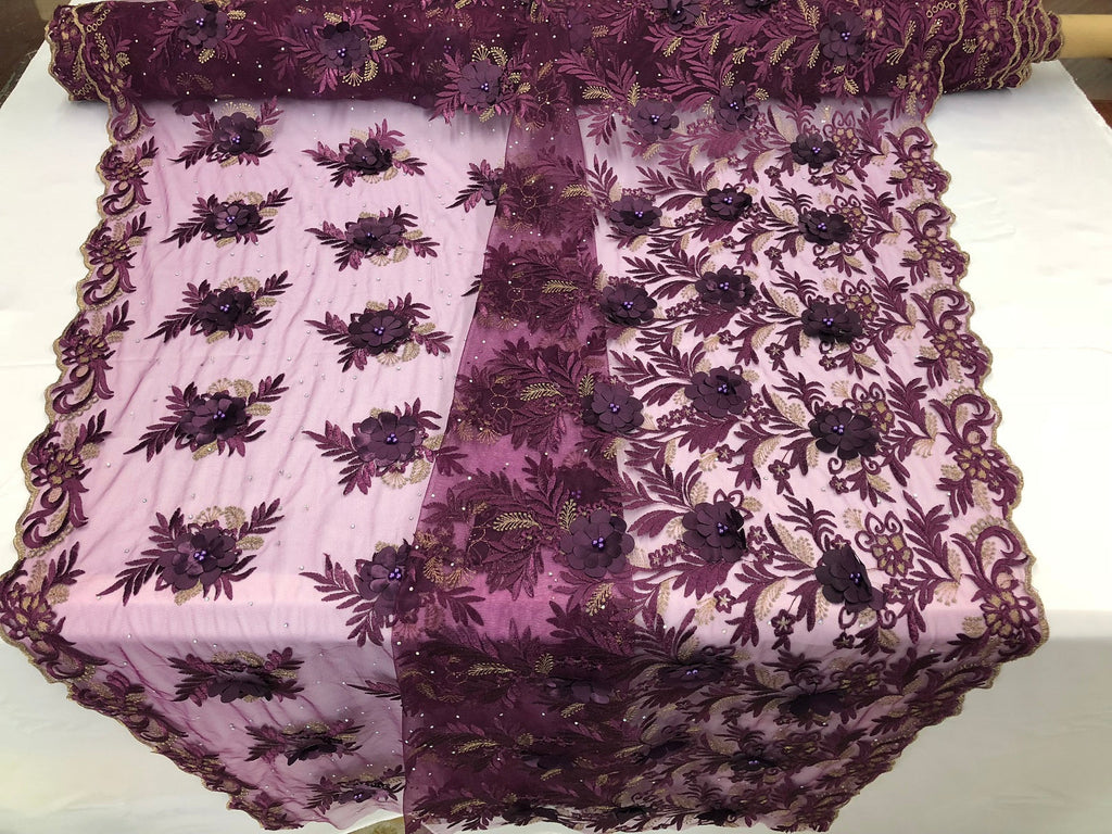 3D Embroided Flower Pattern Fabric with Two Tone Leaf Color Purple - Elegant 3D Flowers By The Yard
