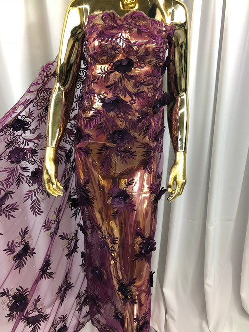 3D Embroided Flower Pattern Fabric with Two Tone Leaf Color Purple - Elegant 3D Flowers By The Yard