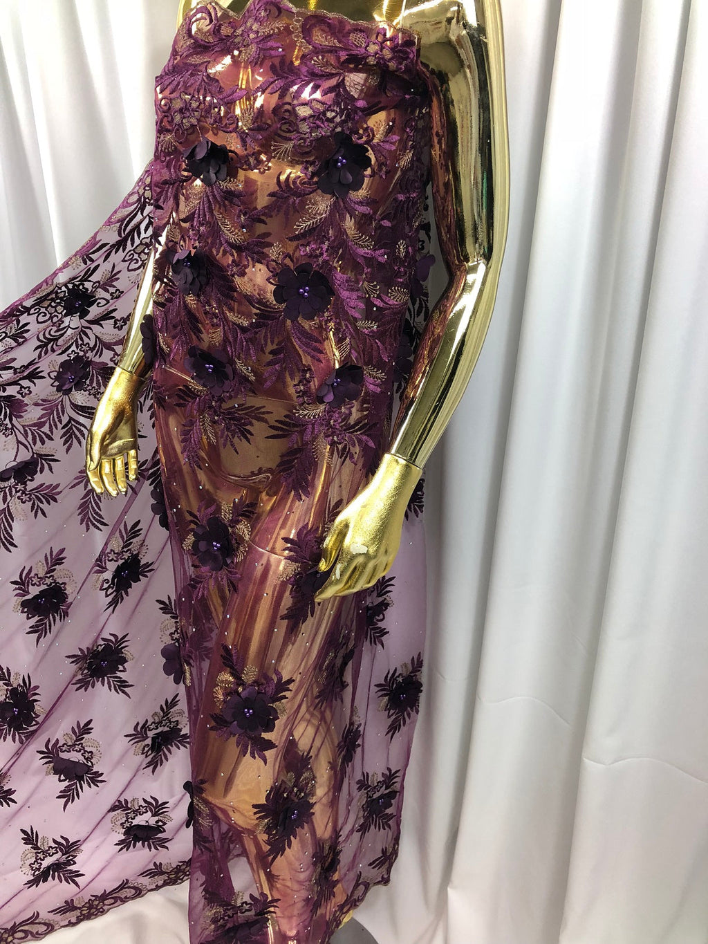 3D Embroided Flower Pattern Fabric with Two Tone Leaf Color Purple - Elegant 3D Flowers By The Yard