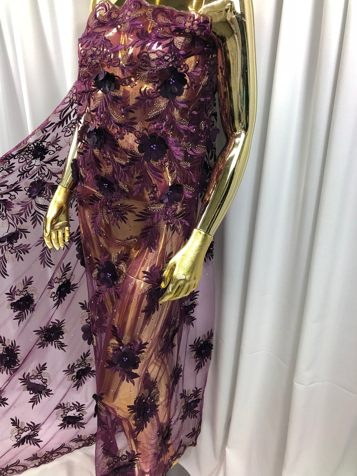 3D Embroided Flower Pattern Fabric with Two Tone Leaf Color Purple - Elegant 3D Flowers By The Yard