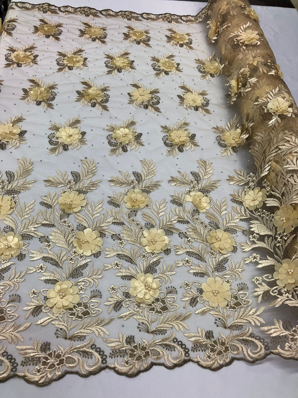 3D Embroided Flower Pattern Fabric with Two Tone Leaf Color Cream - Elegant 3D Flowers By The Yard