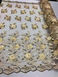 3D Embroided Flower Pattern Fabric with Two Tone Leaf Color Cream - Elegant 3D Flowers By The Yard
