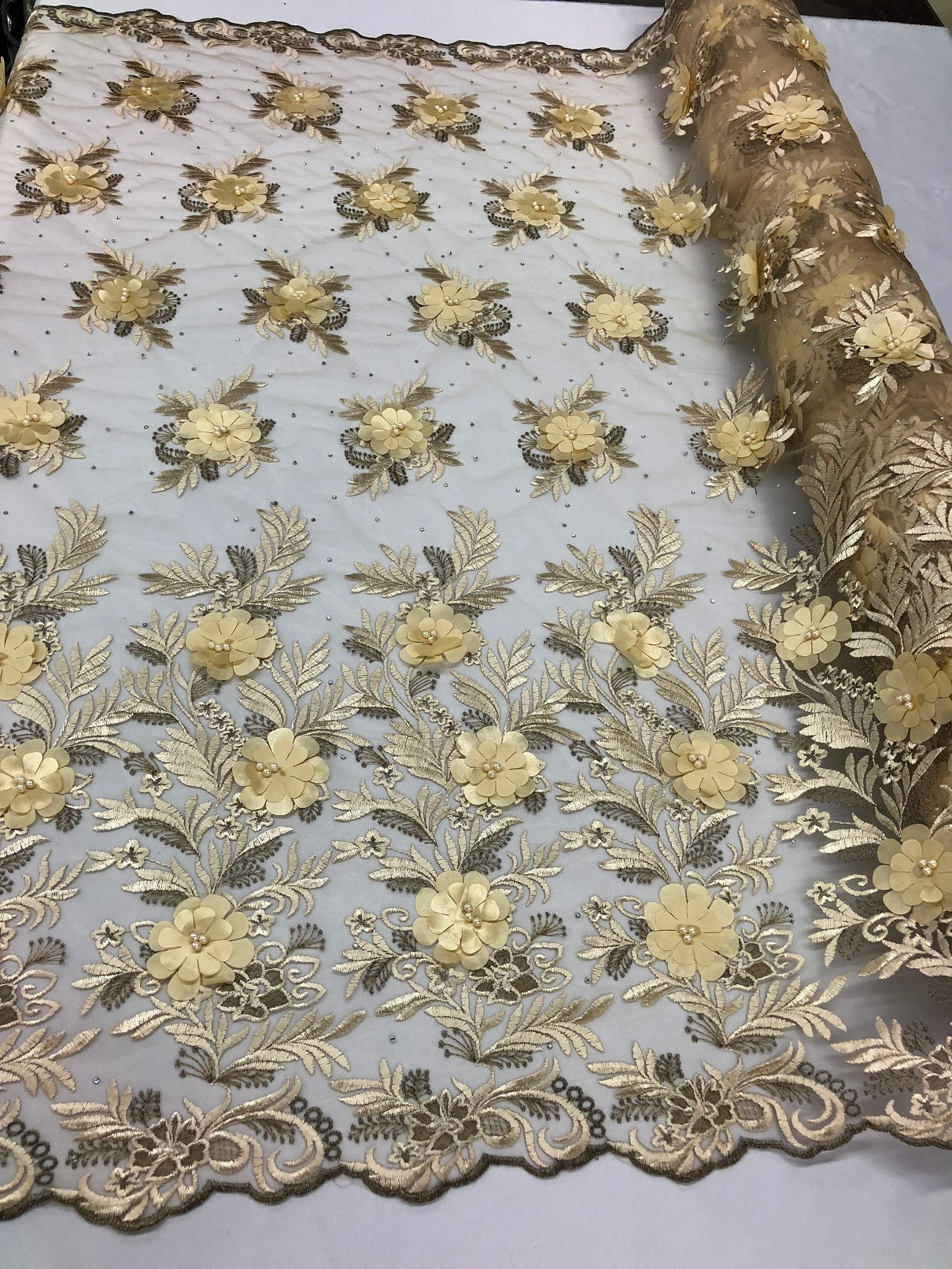 3D Embroided Flower Pattern Fabric with Two Tone Leaf Color Cream - Elegant 3D Flowers By The Yard